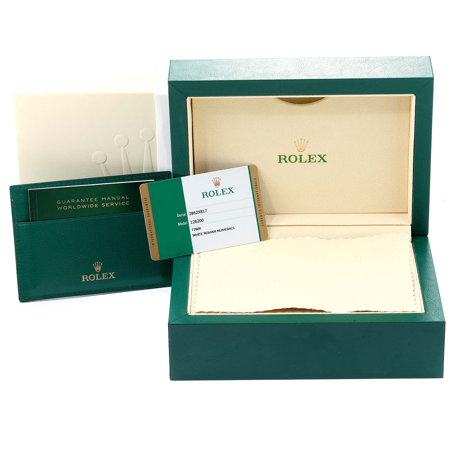 The image shows the packaging, guarantee manual, and a card for a Rolex Datejust 126200 Men's Stainless Steel White Dial 126200 Men's Stainless Steel White Dial model watch.
