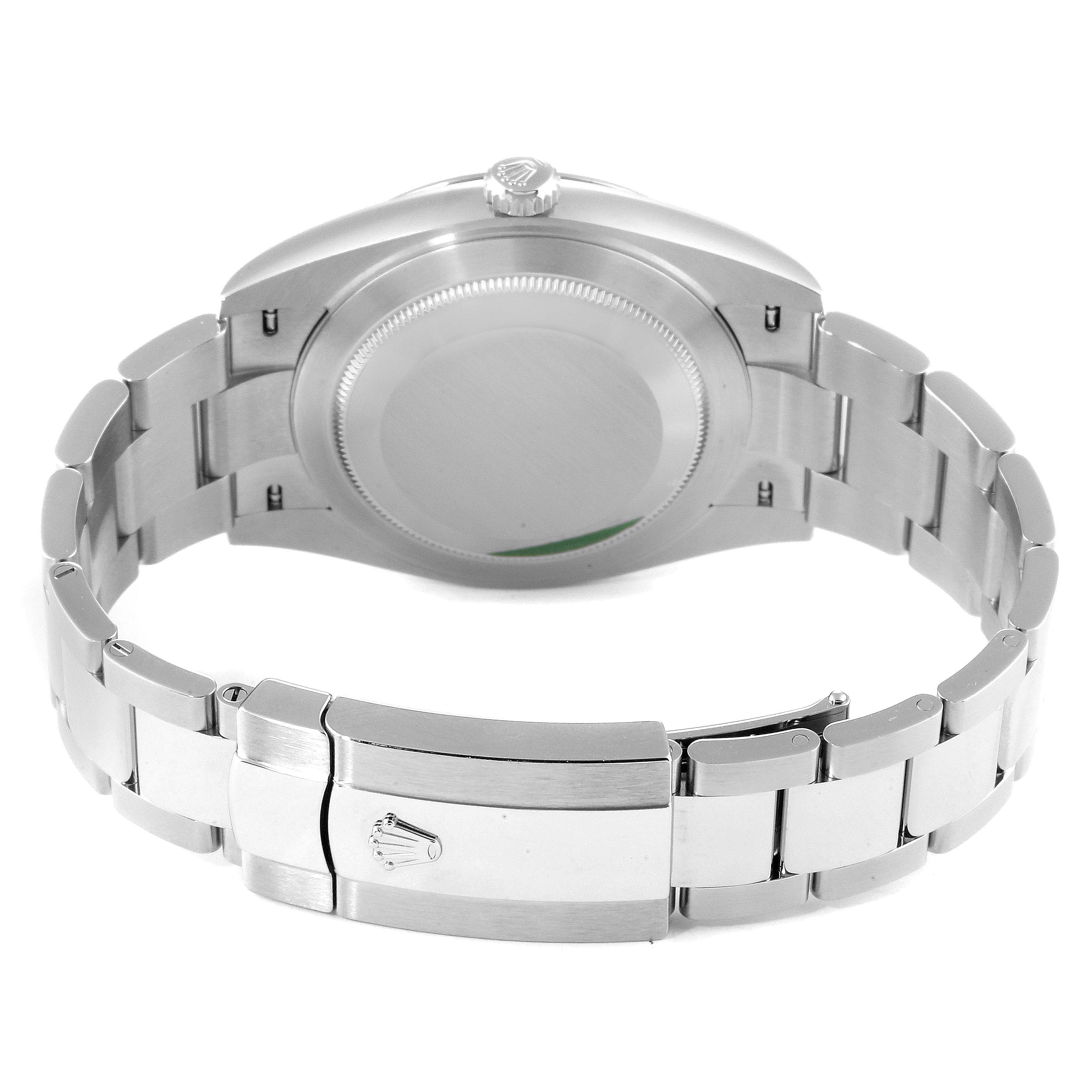 The image shows the back view of a Rolex Datejust 41 126300 Men
s Stainless Steel Grey Dial 126300 Men
s Stainless Steel Grey Dial watch, highlighting its clasp, bracelet, and caseback.