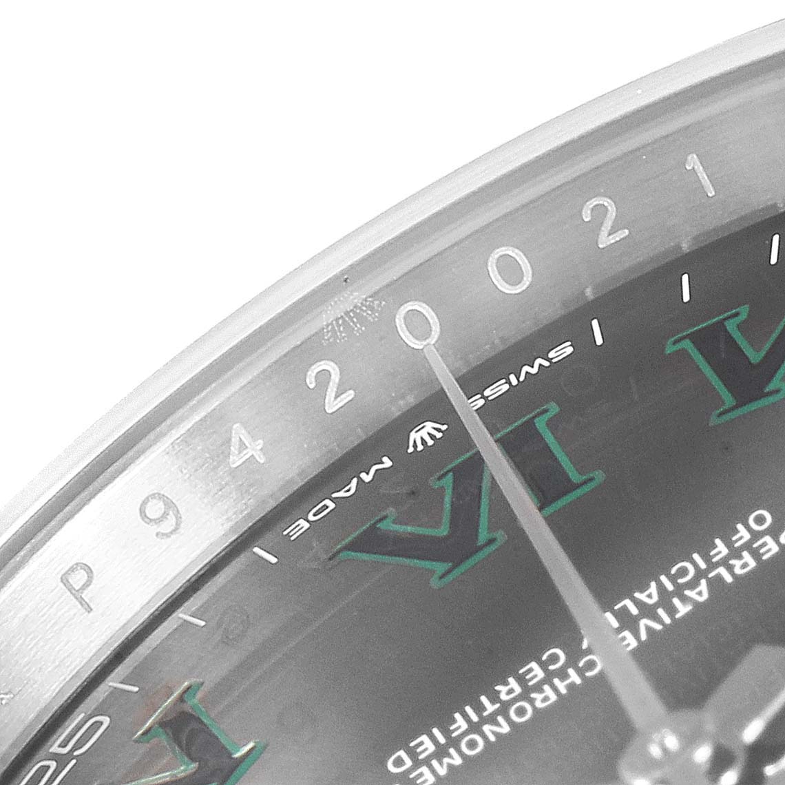 This image shows a close-up of the dial and bezel of a Rolex Datejust 41 126300 Men
s Stainless Steel Grey Dial 126300 Men
s Stainless Steel Grey Dial watch.