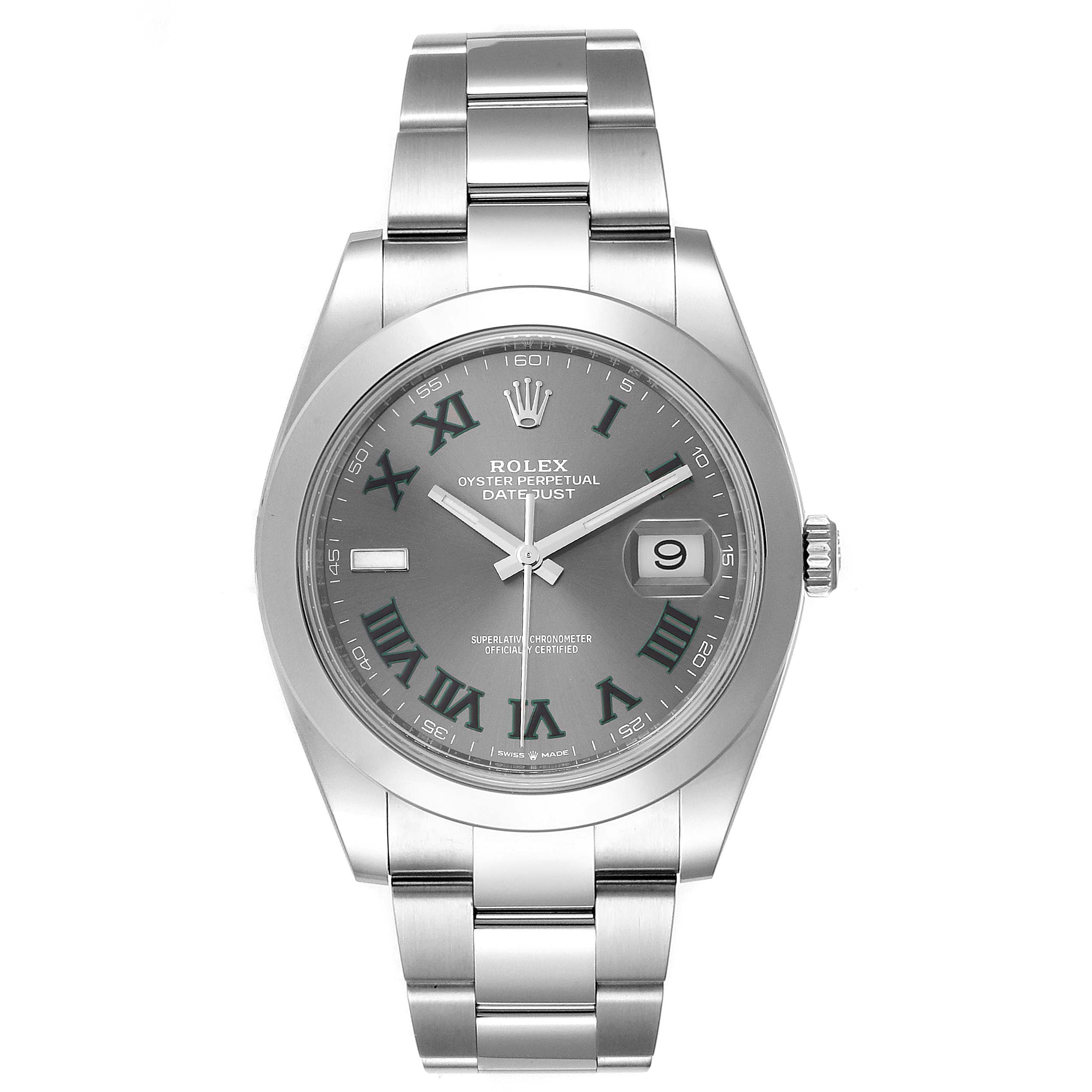 The image shows a front view of a Rolex Datejust 41 126300 Men
s Stainless Steel Grey Dial 126300 Men
s Stainless Steel Grey Dial watch with a grey dial and Roman numerals.