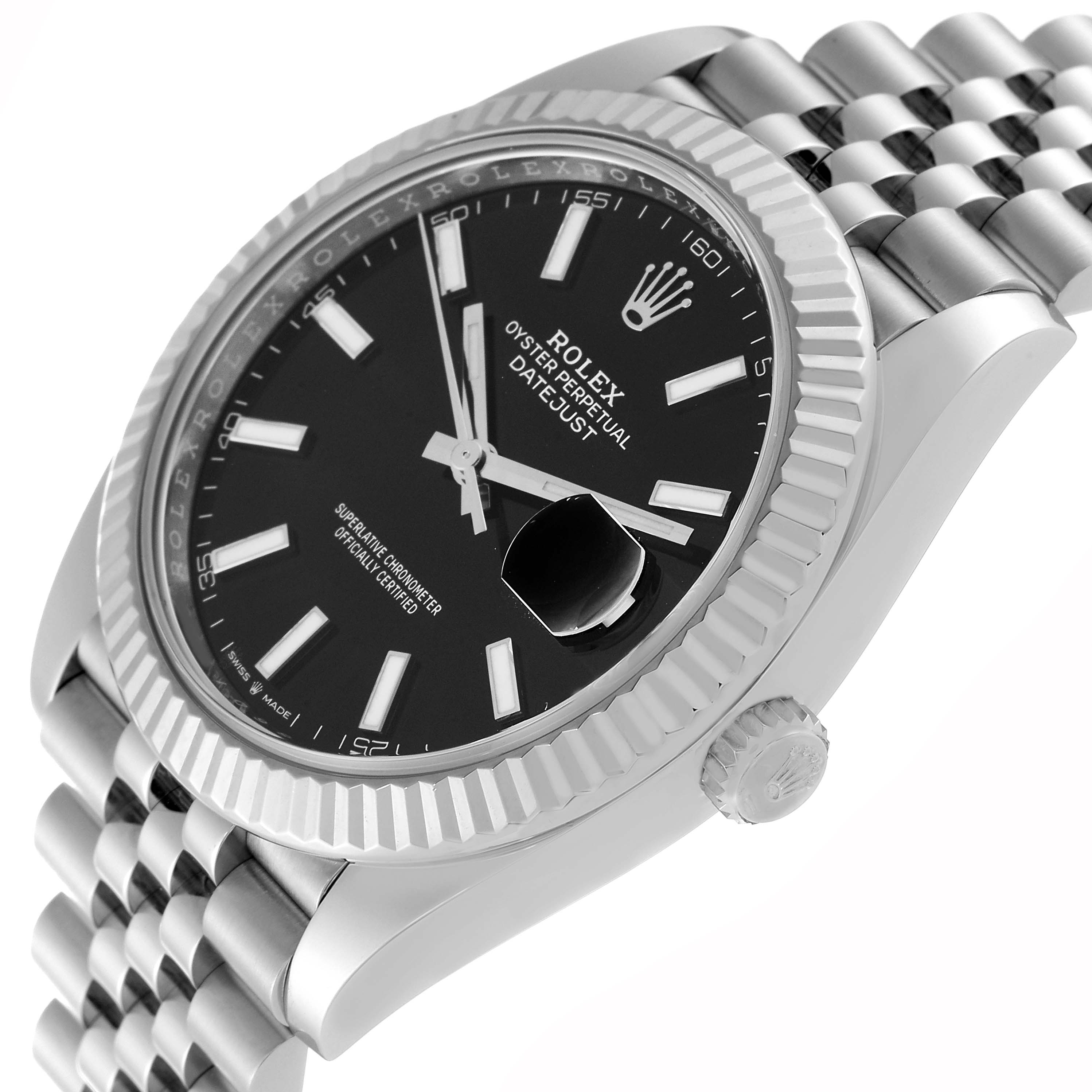 This image shows a Rolex Datejust 41 126334 Men
s Stainless Steel Black Dial 126334 Men
s Stainless Steel Black Dial model watch at an angled side view, highlighting the dial, bezel, and part of the bracelet.