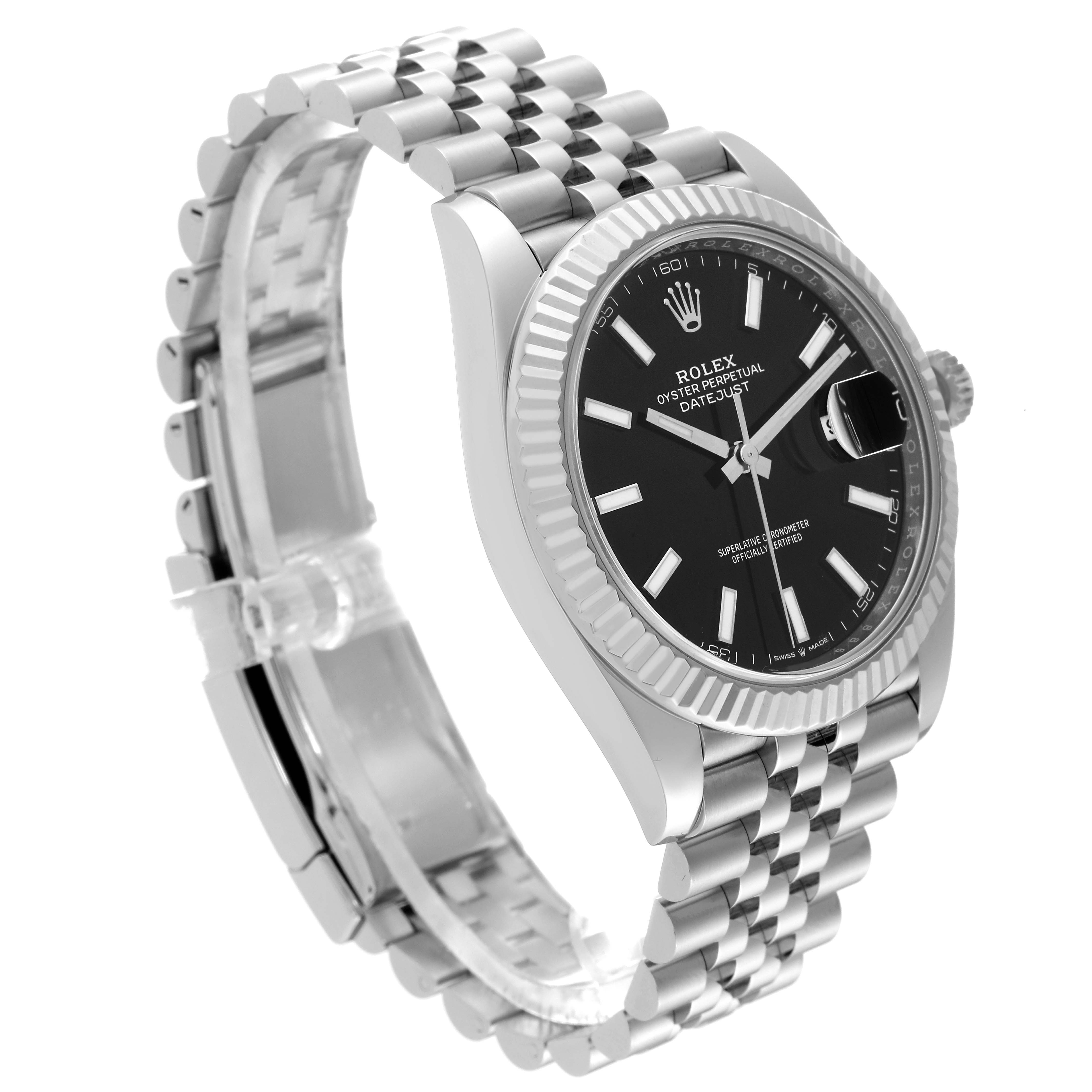 The image shows a side angle of a Rolex Datejust 41 126334 Men
s Stainless Steel Black Dial 126334 Men
s Stainless Steel Black Dial watch, highlighting the bezel, dial, and Jubilee bracelet.