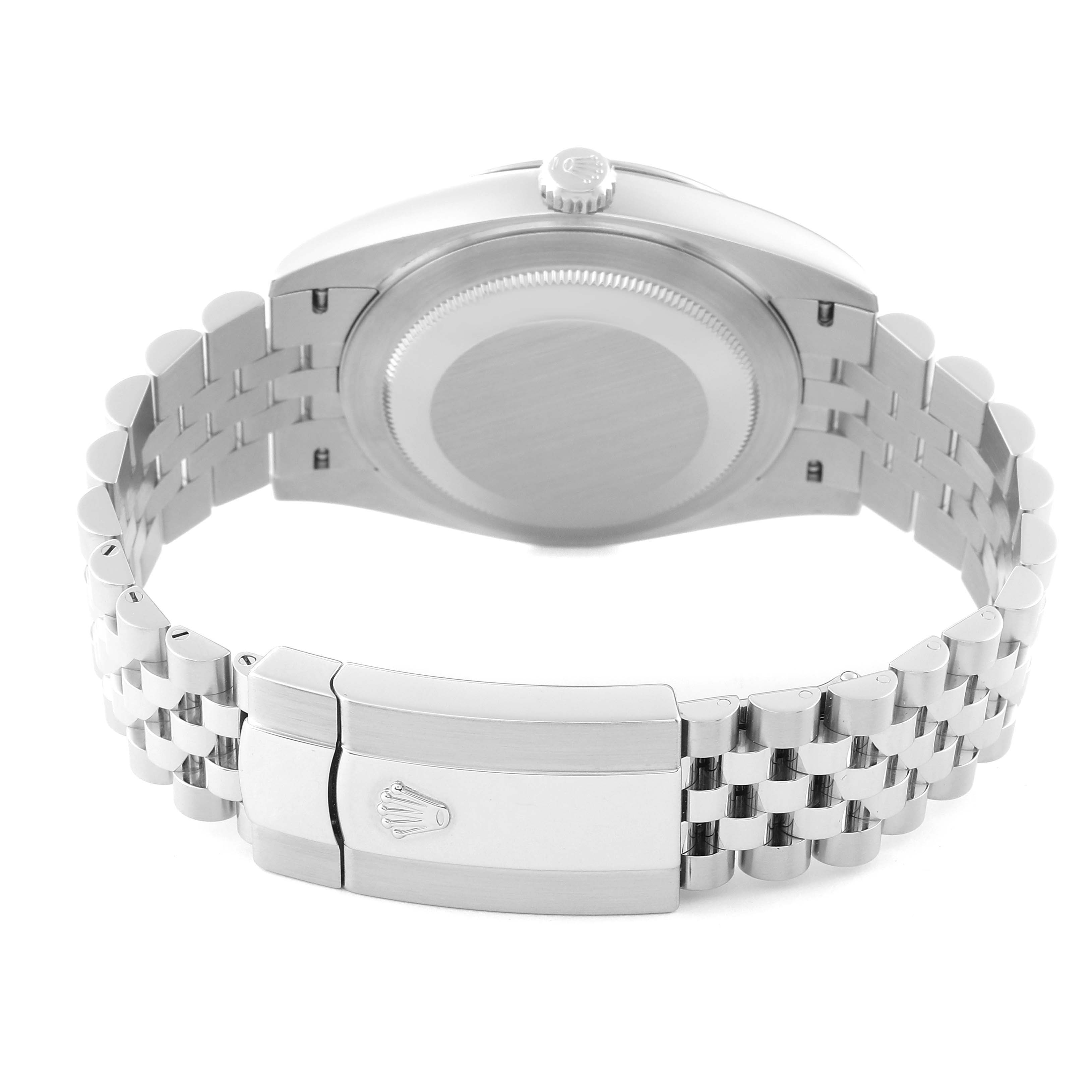 This image shows the back and clasp of a Rolex Datejust 41 126334 Men
s Stainless Steel Black Dial 126334 Men
s Stainless Steel Black Dial watch, highlighting the stainless steel bracelet and case back.