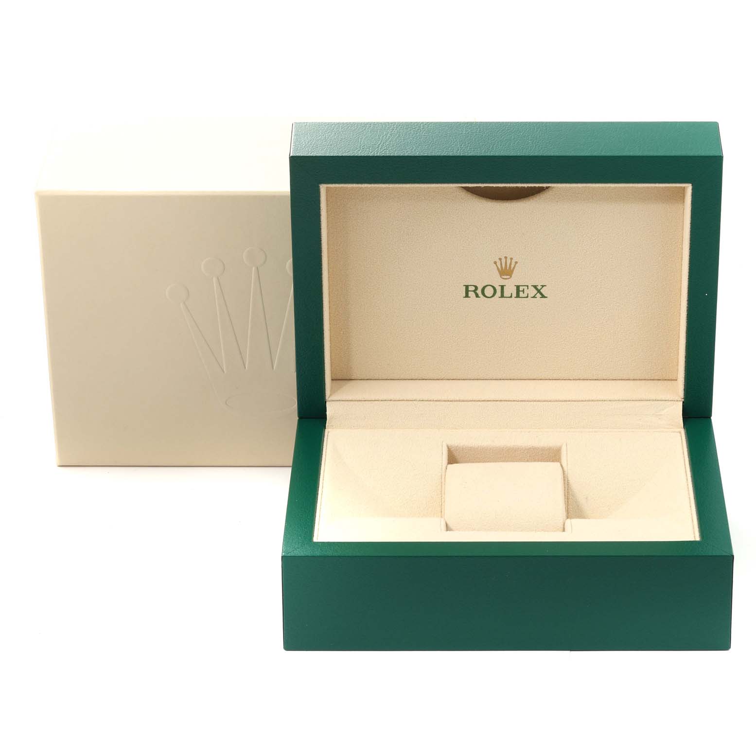 The image shows an open presentation box for the Rolex Datejust 41 126334 Men
s Stainless Steel Black Dial 126334 Men
s Stainless Steel Black Dial, highlighting its interior and the outer box.