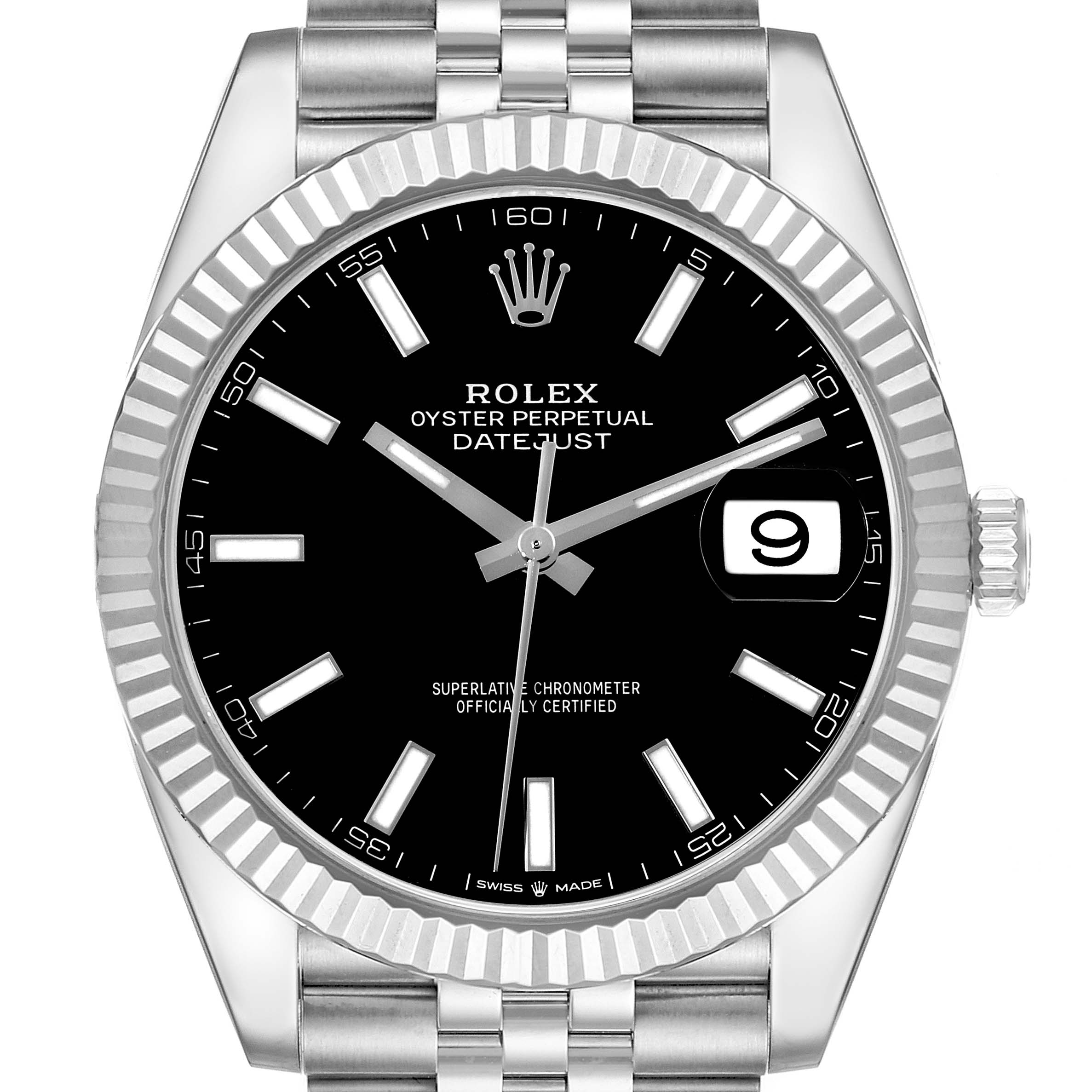 The image shows a front view of a Rolex Datejust 41 126334 Men
s Stainless Steel Black Dial 126334 Men
s Stainless Steel Black Dial watch, highlighting its black dial, date window, and fluted bezel.