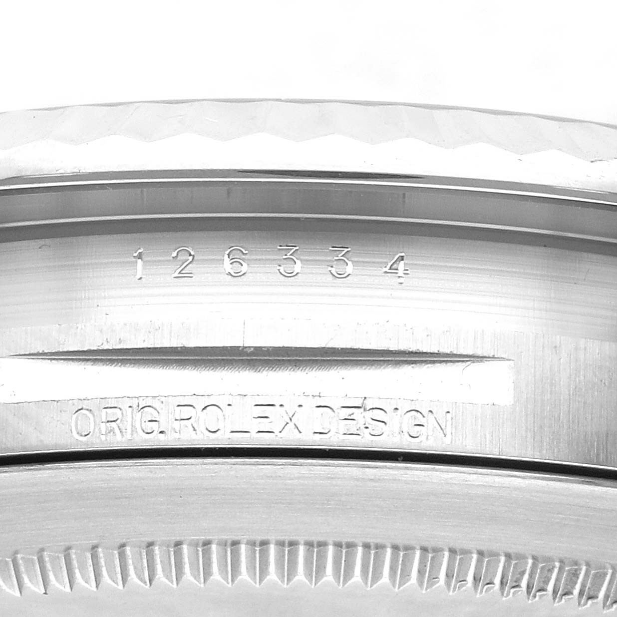 This image shows a close-up of the case side and engraved design number of the Rolex Datejust 41 126334 Men
s Stainless Steel Black Dial 126334 Men
s Stainless Steel Black Dial model.