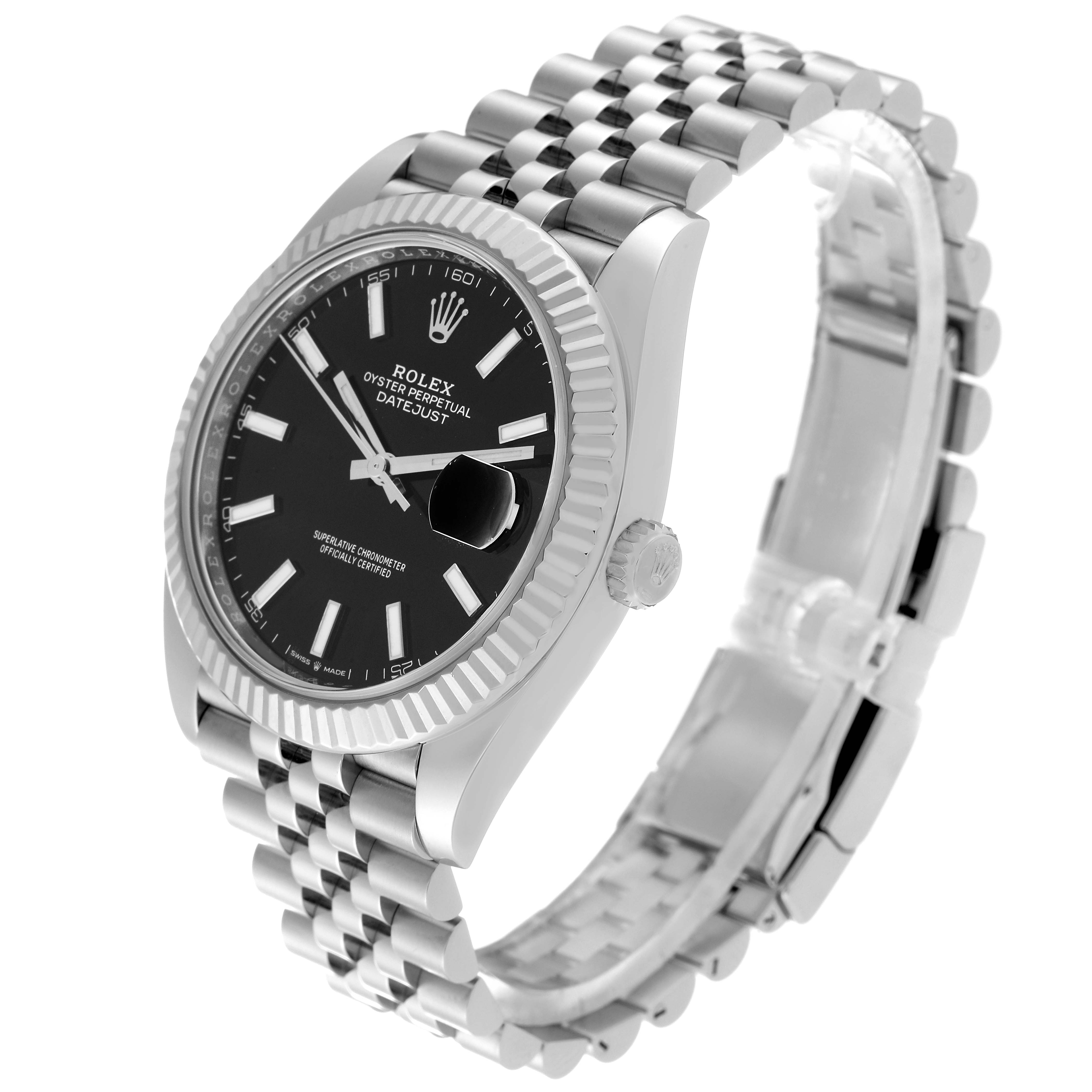 This image shows a Rolex Datejust 41 126334 Men
s Stainless Steel Black Dial 126334 Men
s Stainless Steel Black Dial model at an angled side view, highlighting its black dial, fluted bezel, and jubilee bracelet.