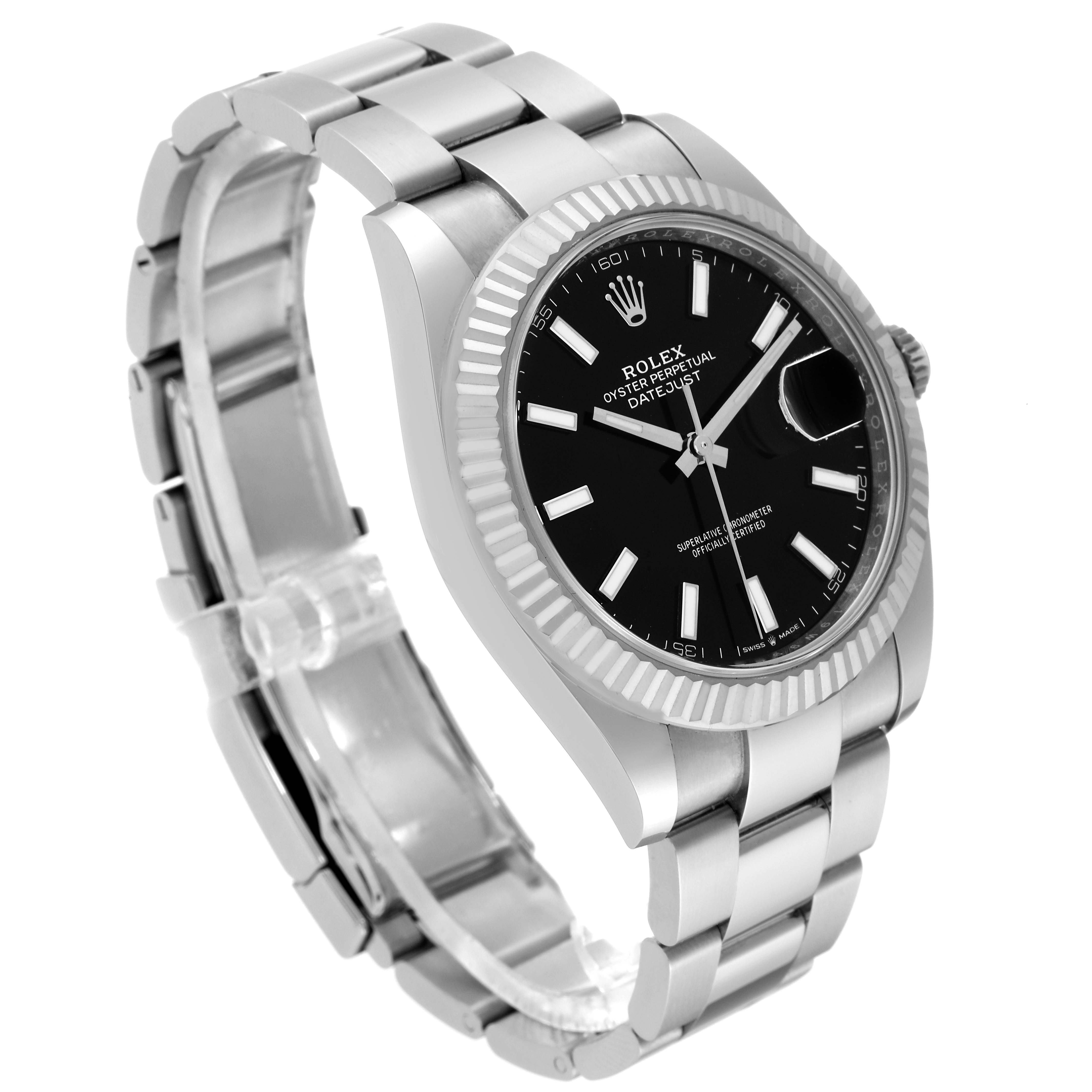 The image shows a Rolex Datejust 41 126334 Men
s Stainless Steel Black Dial 126334 Men
s Stainless Steel Black Dial watch from an angled side view, highlighting its dial, bezel, and bracelet.