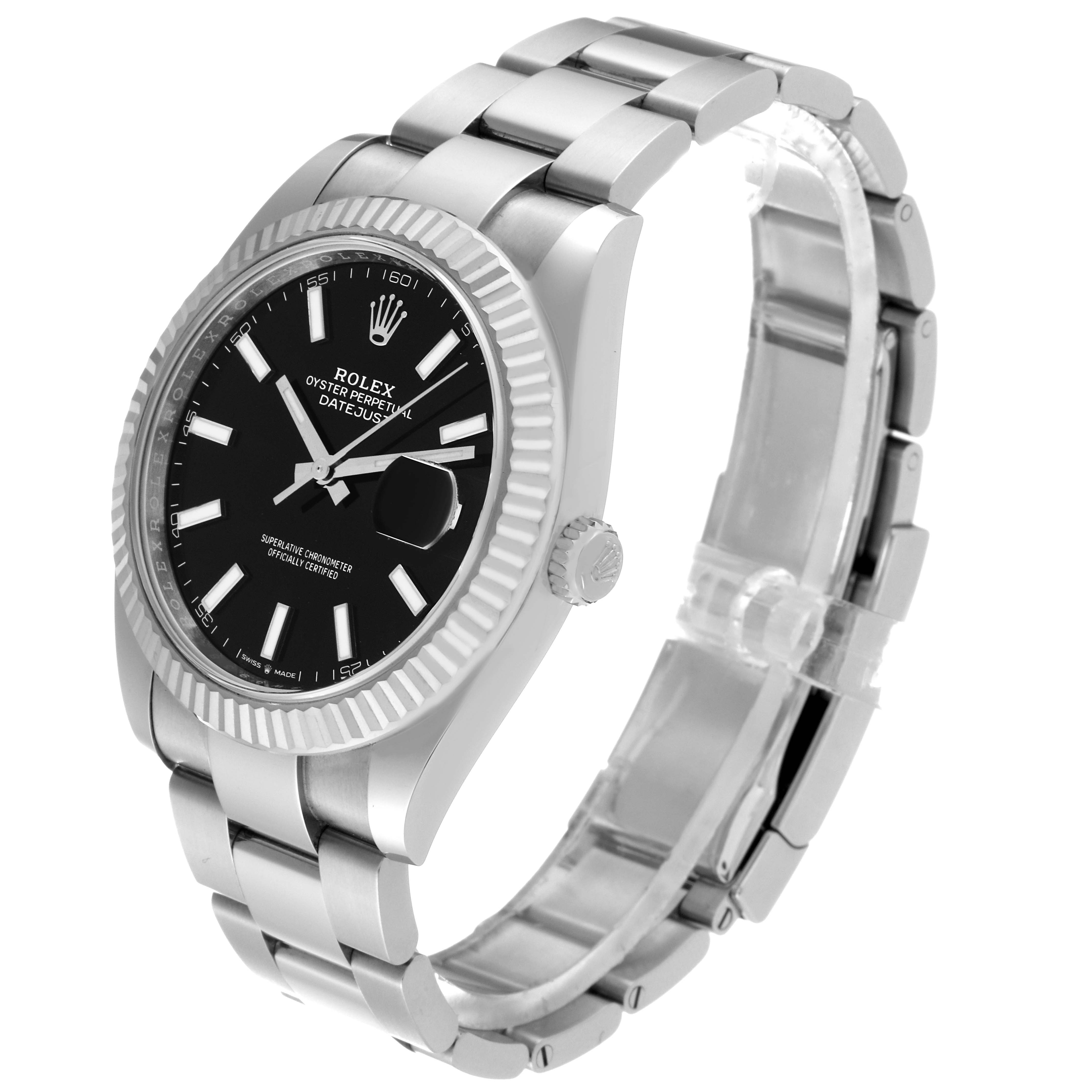 The image shows a side angle of a Rolex Datejust 41 126334 Men
s Stainless Steel Black Dial 126334 Men
s Stainless Steel Black Dial watch, highlighting its metal band, bezel, crown, and black dial.