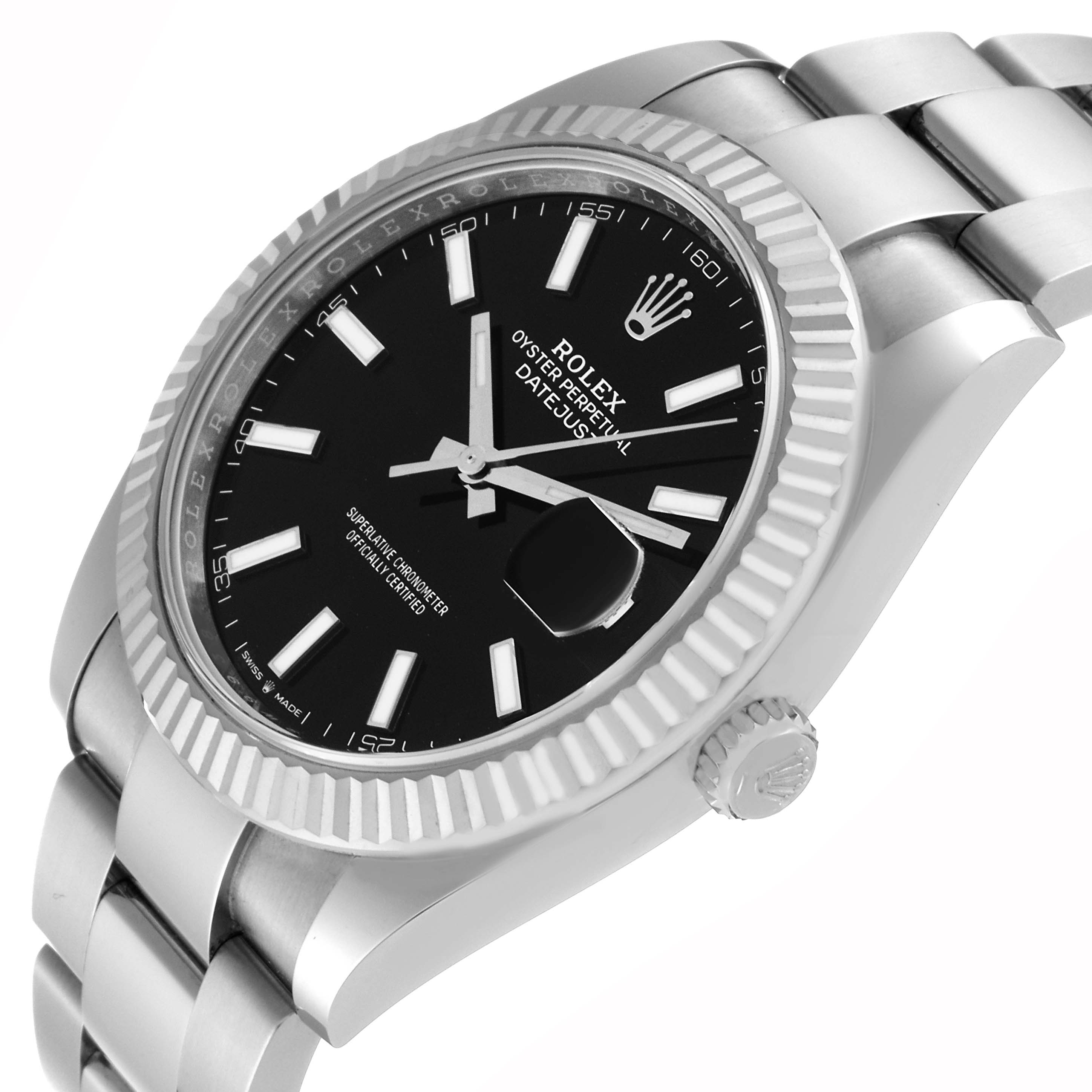 The image shows the Rolex Datejust 41 126334 Men
s Stainless Steel Black Dial 126334 Men
s Stainless Steel Black Dial watch from a side angle, highlighting the dial, fluted bezel, and the crown.