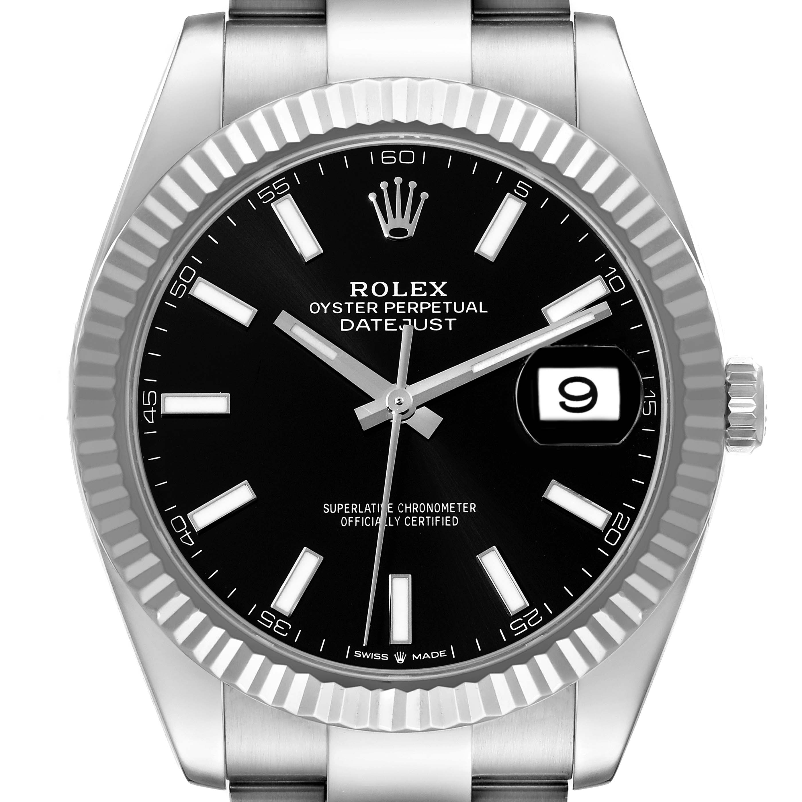 The image shows a front view of the Rolex Datejust 41 126334 Men
s Stainless Steel Black Dial 126334 Men
s Stainless Steel Black Dial, highlighting the dial, bezel, and part of the bracelet.
