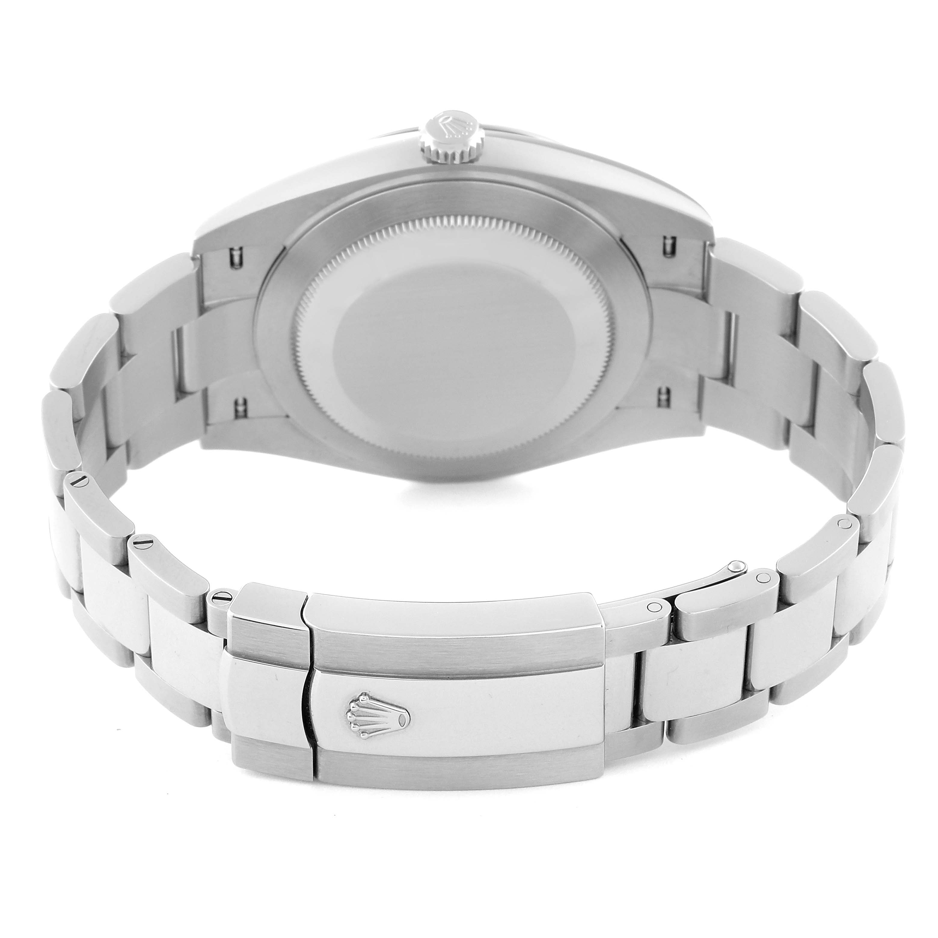 The image shows the back, clasp, and bracelet of a Rolex Datejust 41 126334 Men
s Stainless Steel Black Dial 126334 Men
s Stainless Steel Black Dial watch in a flat-lay position.