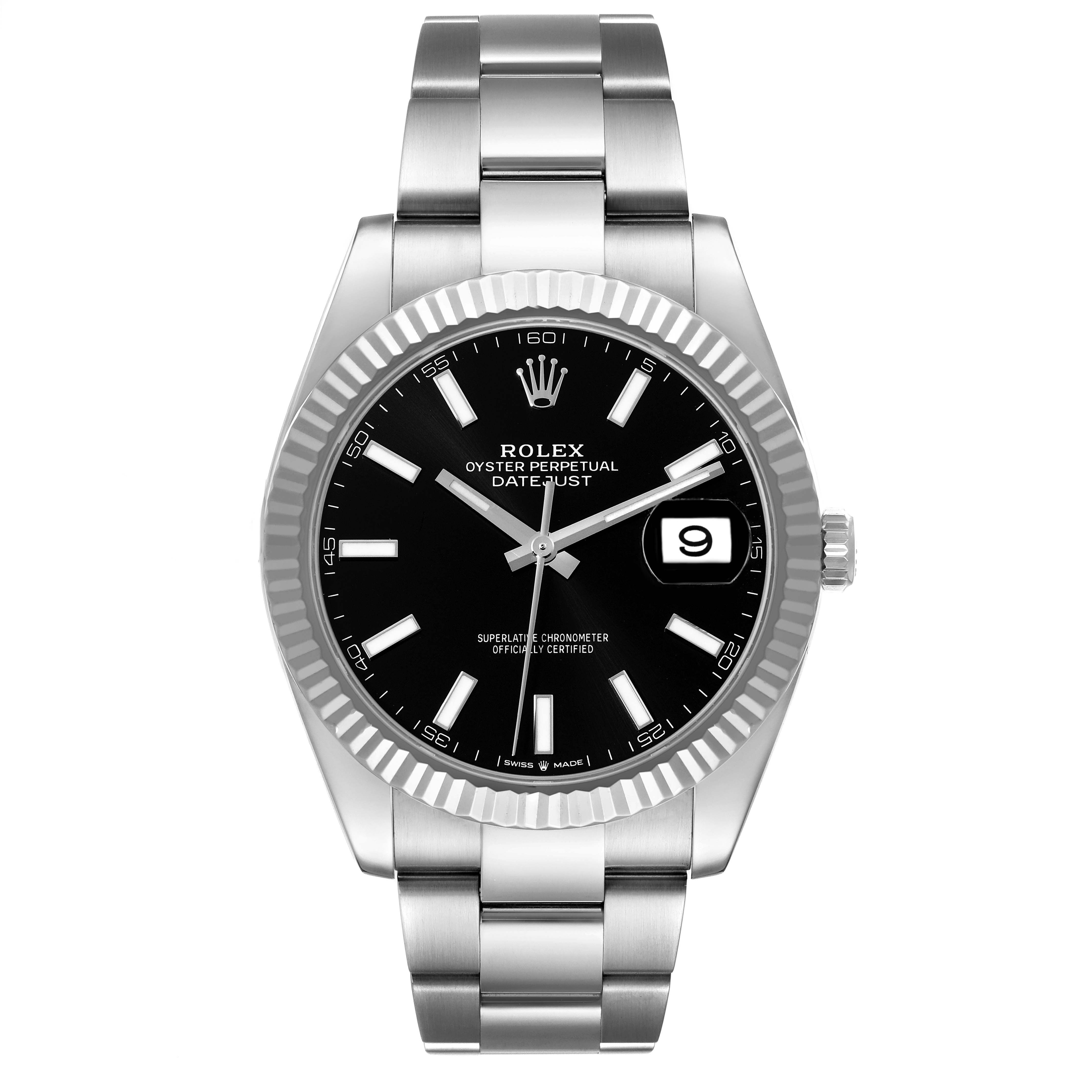 The Rolex Datejust 41 126334 Men
s Stainless Steel Black Dial 126334 Men
s Stainless Steel Black Dial model is shown from a front angle, displaying the bracelet, bezel, dial, and date window.