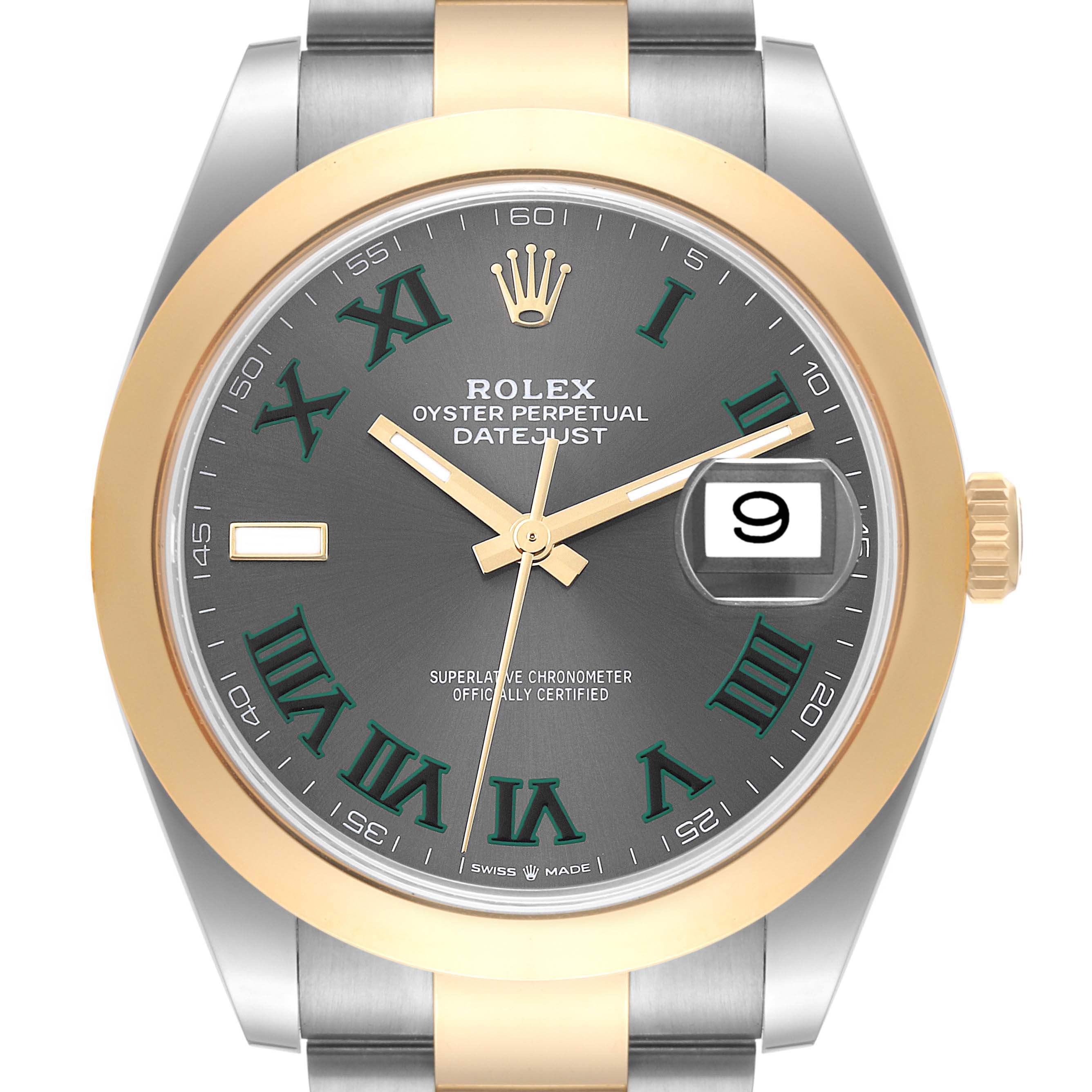 This image shows a close-up, front view of the Rolex Datejust 41 126303 Men's Steel and Gold (two tone) Grey Dial 126303 Men's Steel and Gold (two tone) Grey Dial watch with a gold bezel and grey dial featuring green Roman numerals.