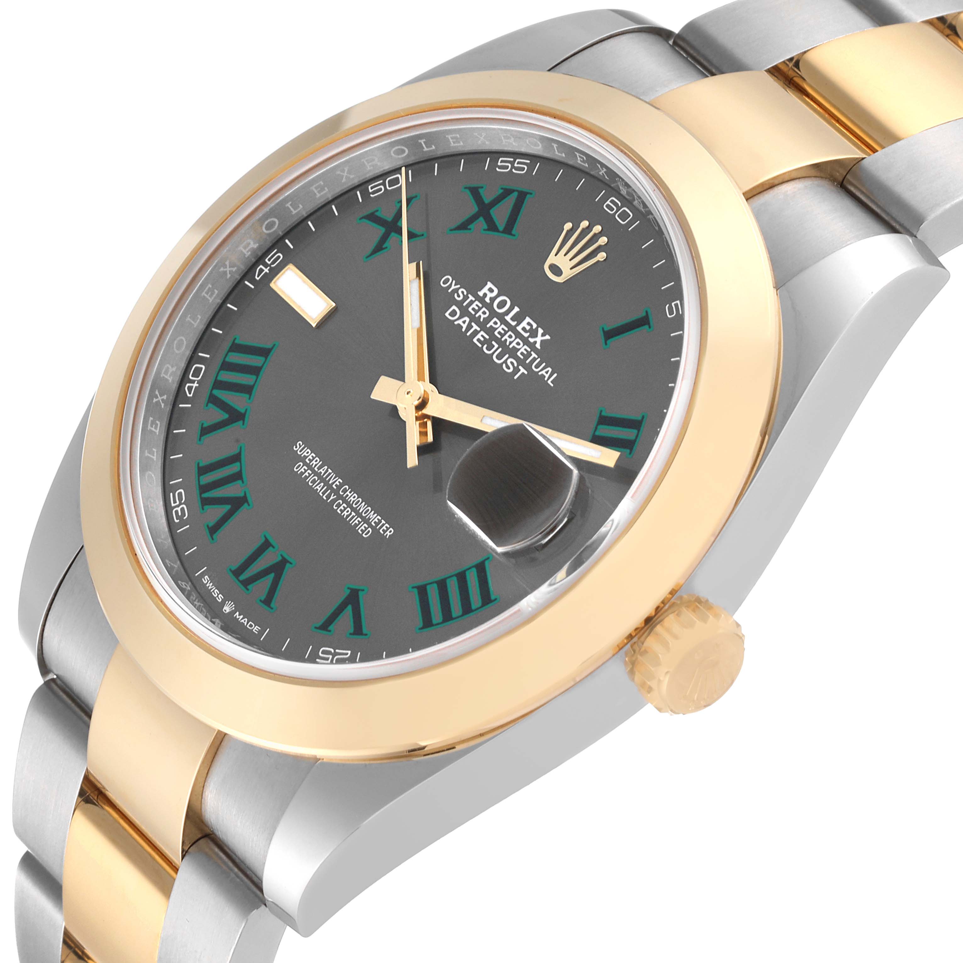The image shows a close-up side angle of a Rolex Datejust 41 126303 Men's Steel and Gold (two tone) Grey Dial 126303 Men's Steel and Gold (two tone) Grey Dial watch, highlighting the dial, bezel, and crown.