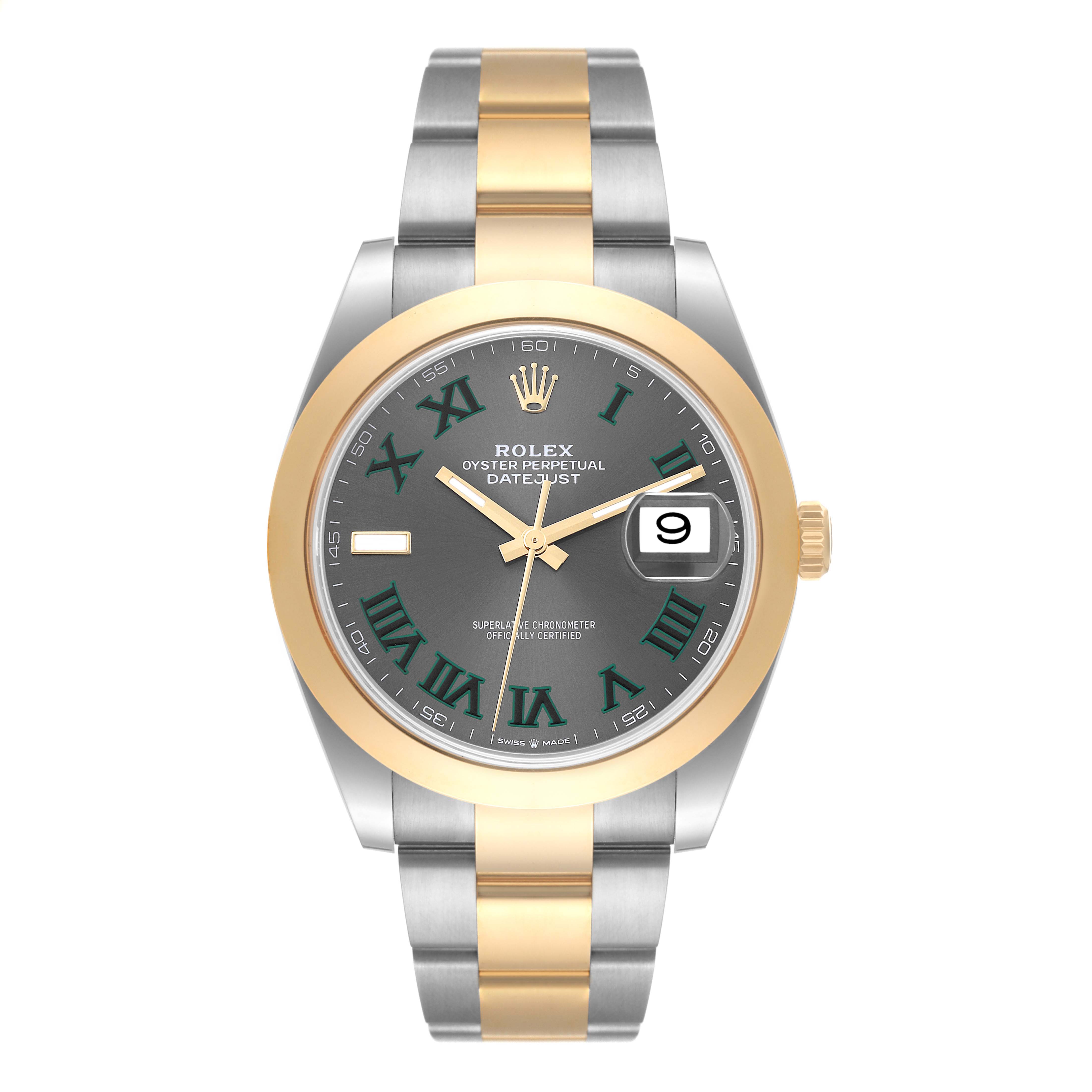 The image shows a front view of the Rolex Datejust 41 126303 Men's Steel and Gold (two tone) Grey Dial 126303 Men's Steel and Gold (two tone) Grey Dial watch, featuring a two-tone bracelet, gold bezel, and green Roman numeral markers on a dark dial.