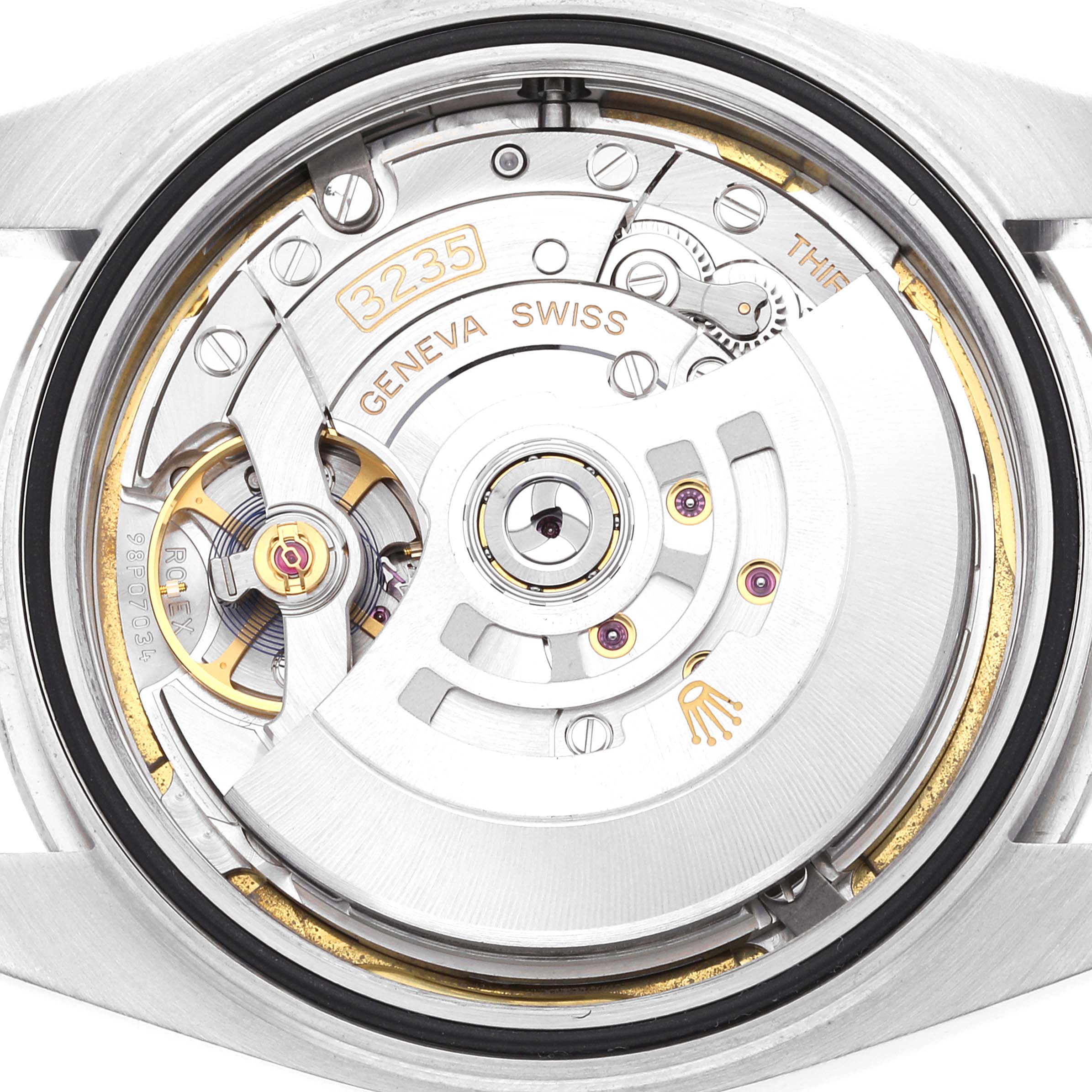 The image shows the back view of the Rolex Datejust 41 126300 Men's Stainless Steel White Dial 126300 Men's Stainless Steel White Dial, highlighting its intricate internal movement parts.