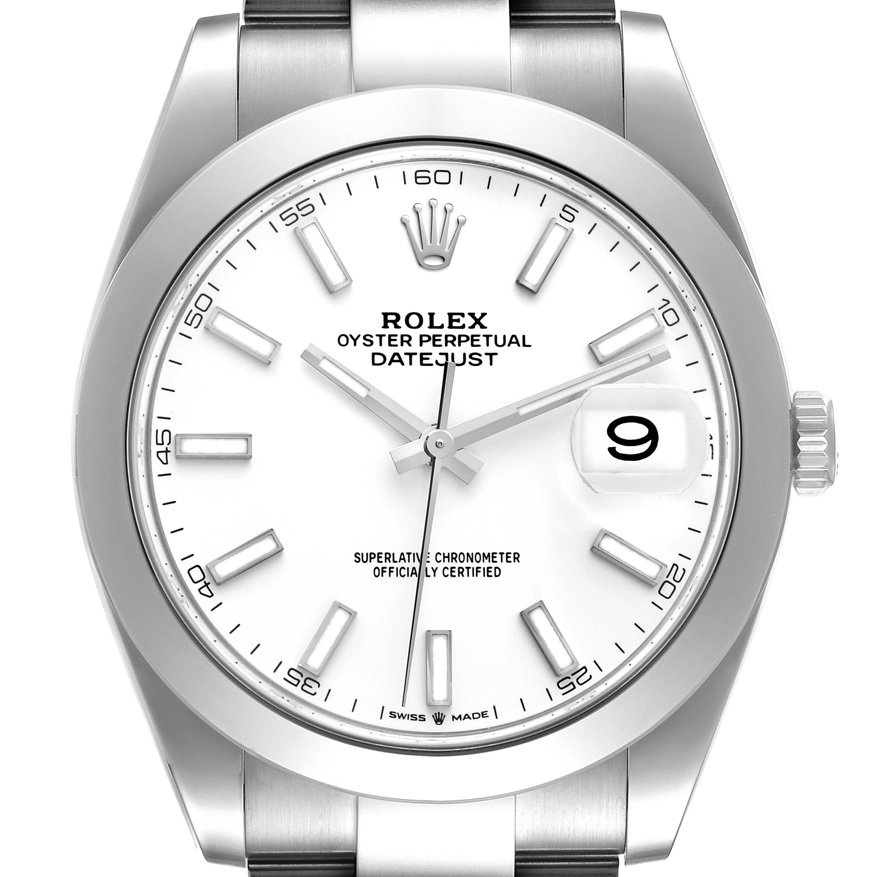 The image shows a frontal view of the Rolex Datejust 41 126300 Men's Stainless Steel White Dial 126300 Men's Stainless Steel White Dial watch, highlighting the dial, hands, date window, and part of the bracelet.