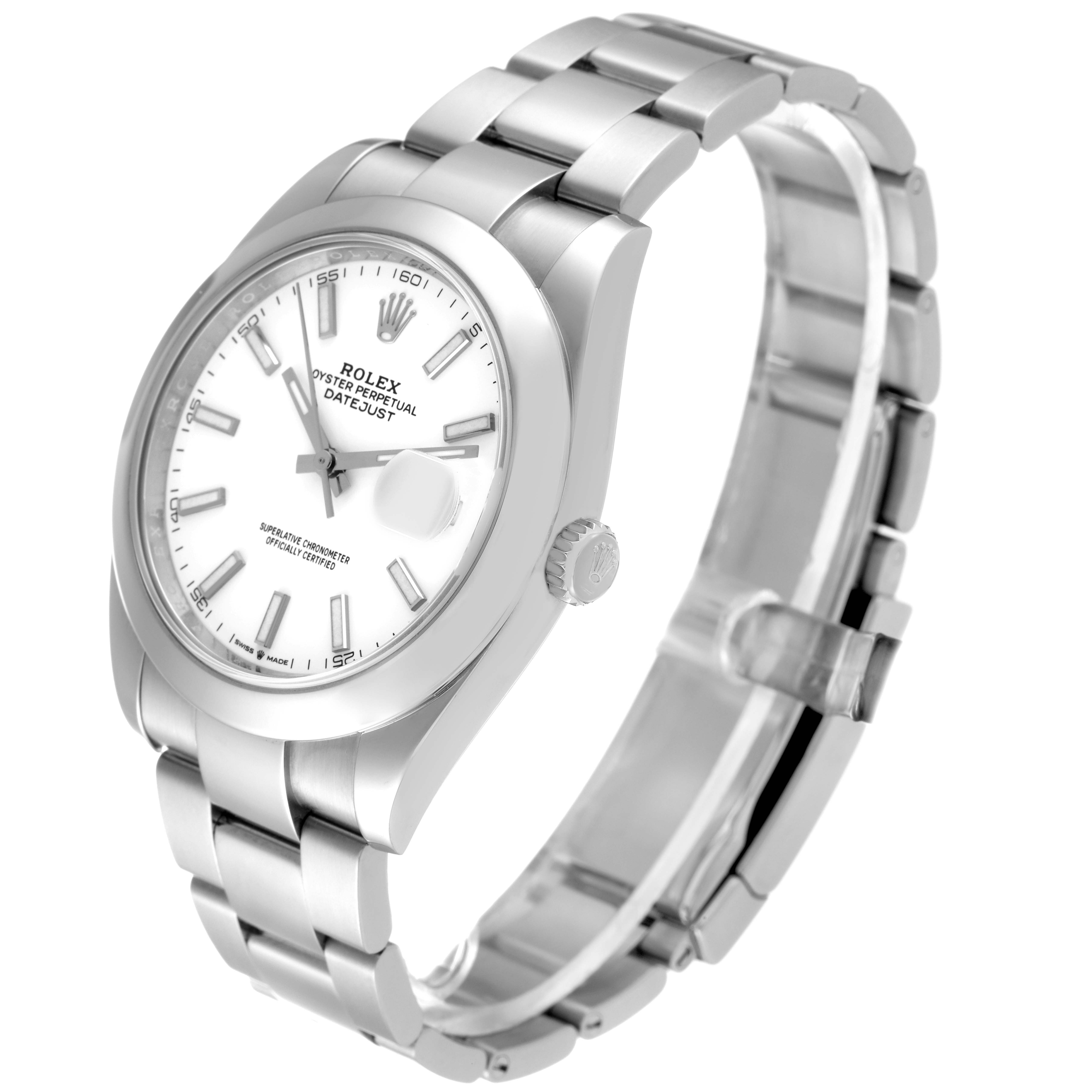 The image shows a Rolex Datejust 41 126300 Men's Stainless Steel White Dial 126300 Men's Stainless Steel White Dial watch from a side angle, highlighting the face, bezel, bracelet, and crown.