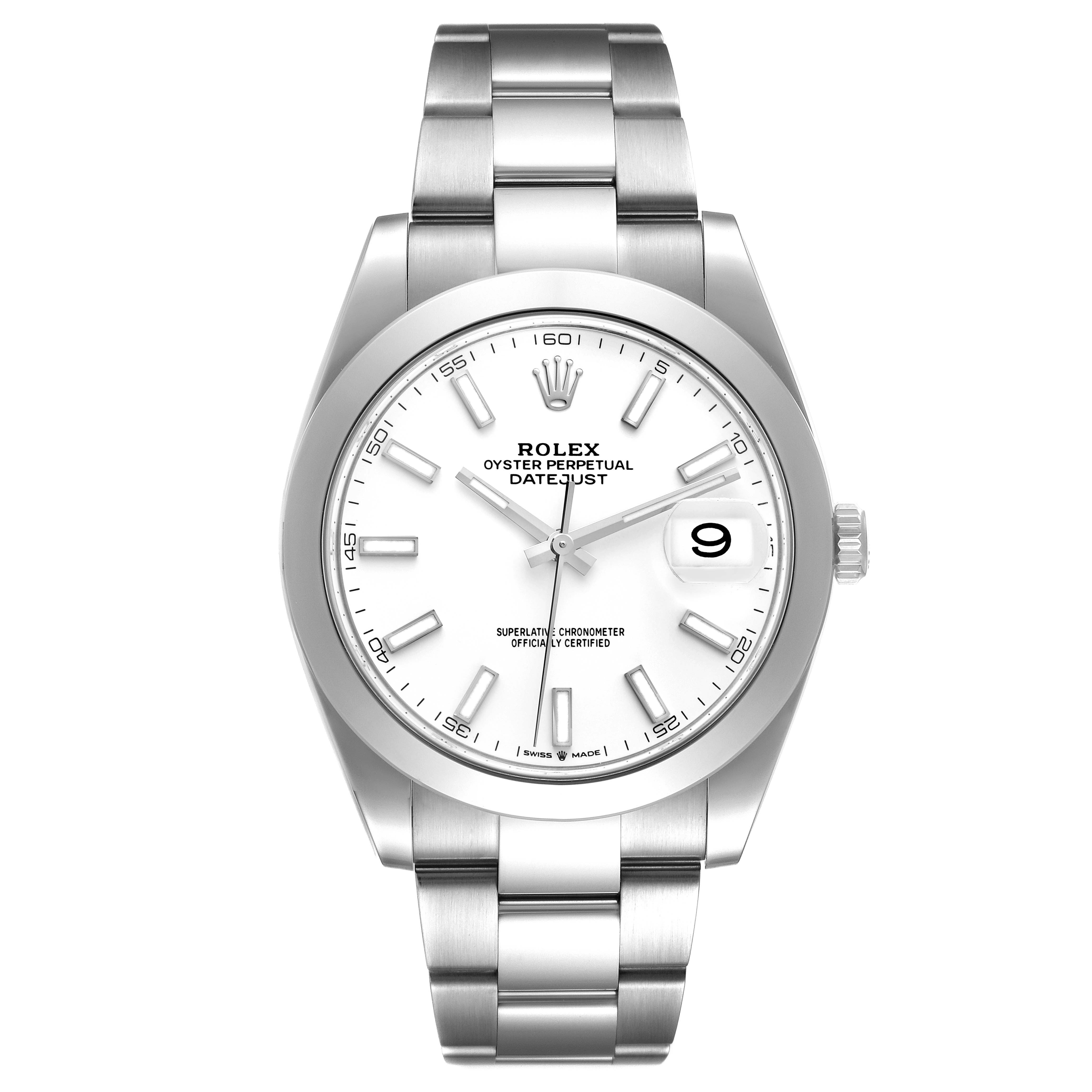 The image shows a front view of a Rolex Datejust 41 126300 Men's Stainless Steel White Dial 126300 Men's Stainless Steel White Dial watch, highlighting its dial, bezel, and bracelet.