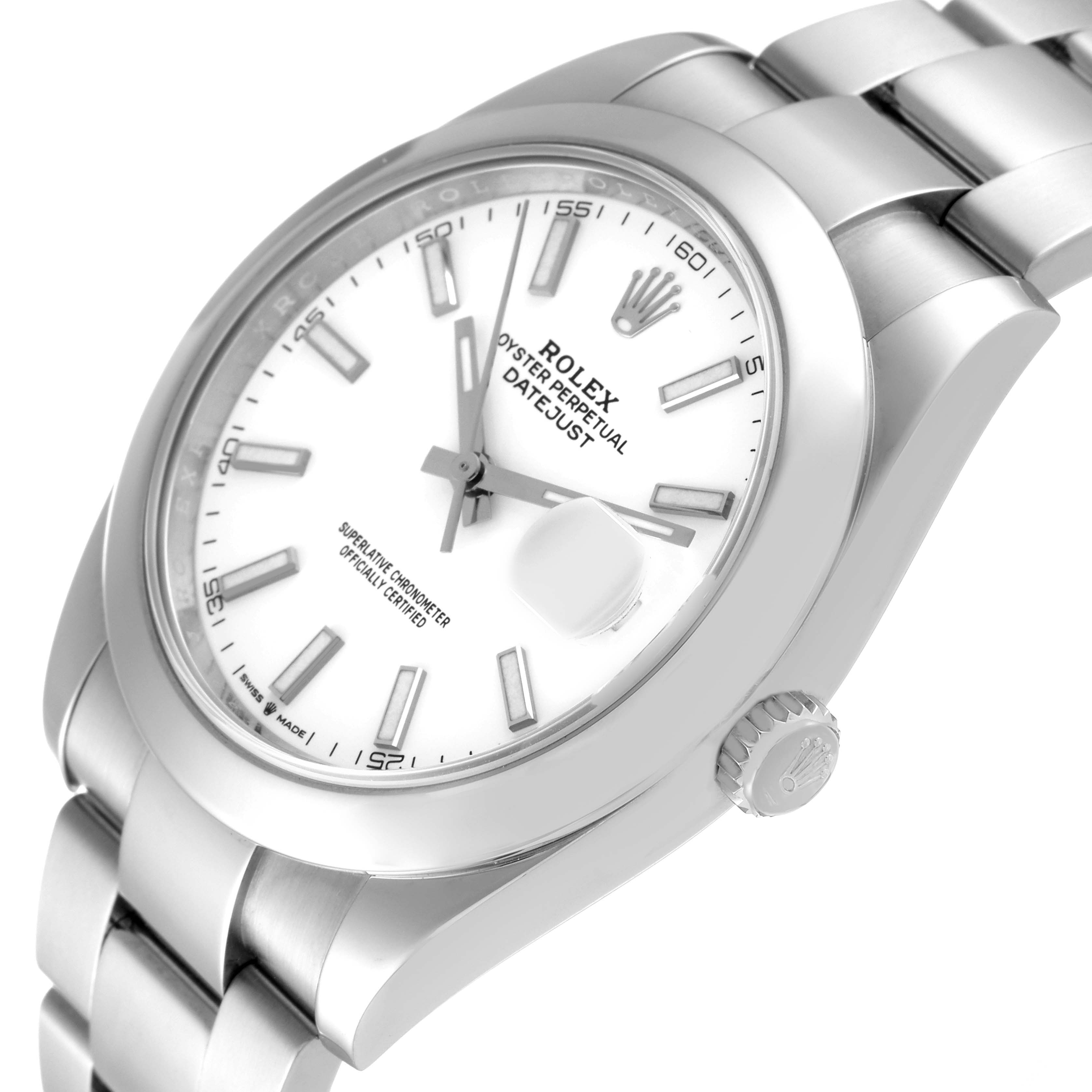 This Rolex Datejust 41 126300 Men's Stainless Steel White Dial 126300 Men's Stainless Steel White Dial watch is shown at a slight angle, highlighting the face, case, bracelet, and crown.