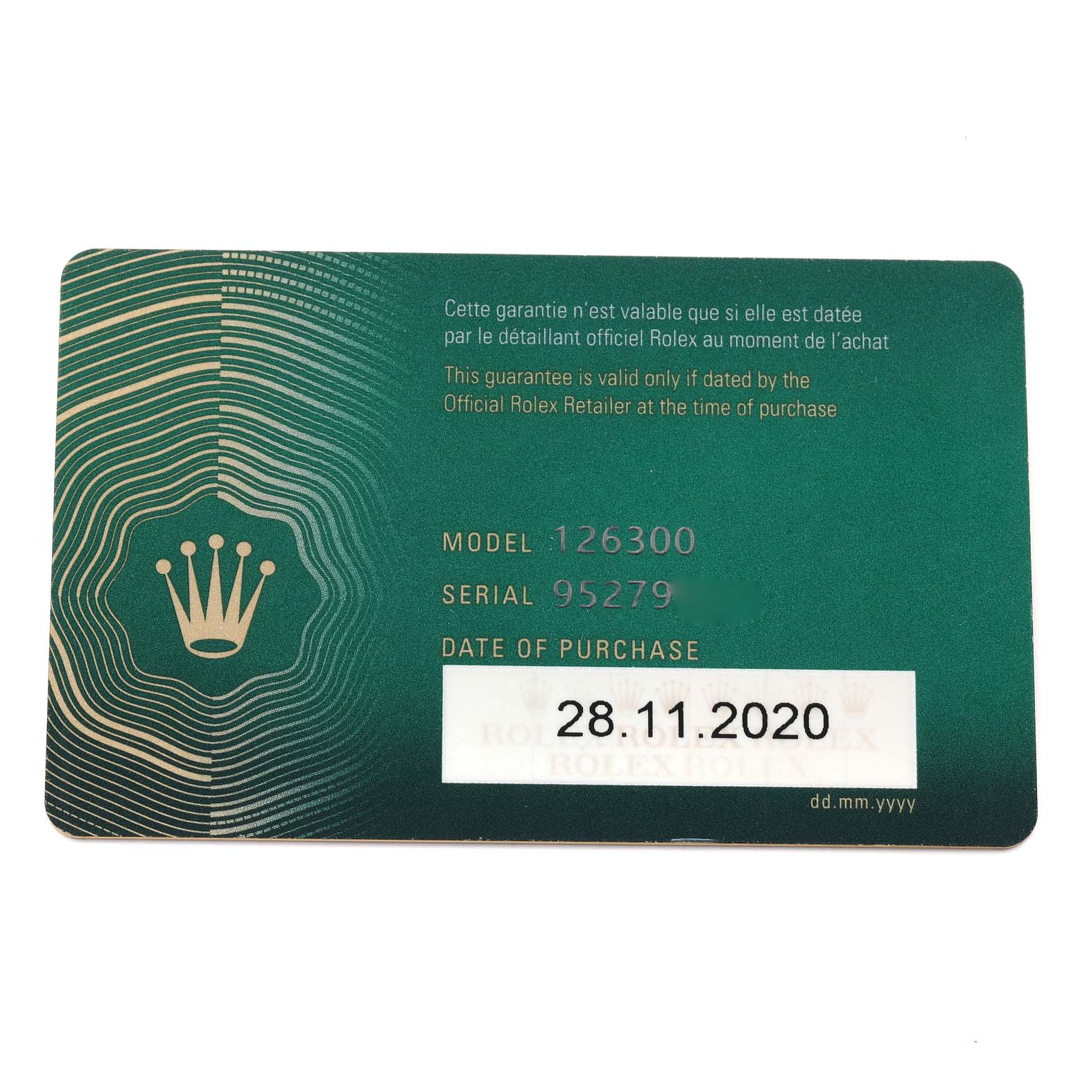 This is a Rolex Datejust 41 126300 Men's Stainless Steel White Dial 126300 Men's Stainless Steel White Dial warranty card displaying the model (126300), serial number, and date of purchase (28.11.2020).