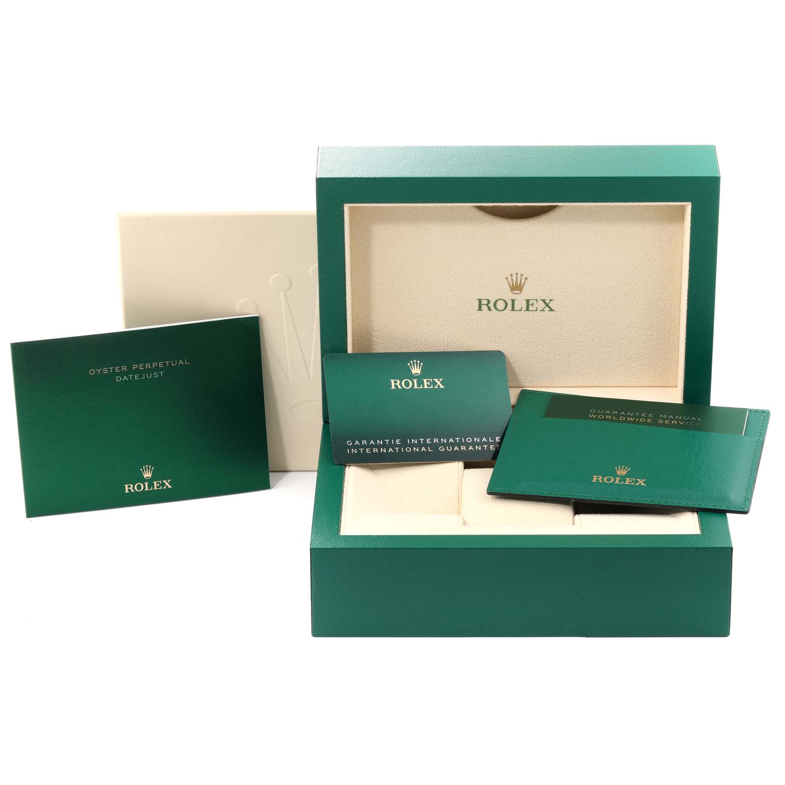 The image shows the Rolex Datejust 41 126300 Men's Stainless Steel White Dial 126300 Men's Stainless Steel White Dial packaging with its warranty card, manual, and green box.