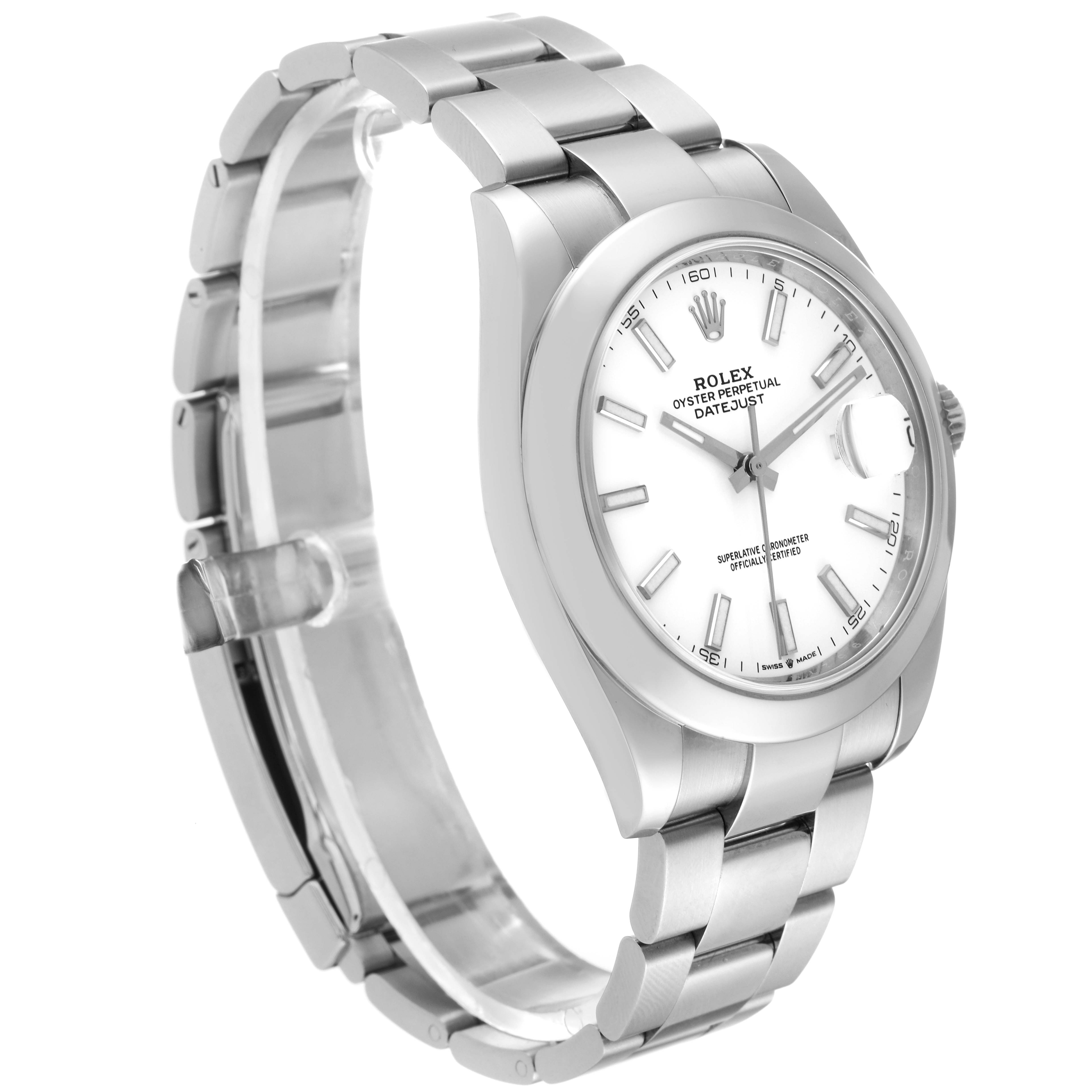 The Rolex Datejust 41 126300 Men's Stainless Steel White Dial 126300 Men's Stainless Steel White Dial watch is viewed from an angled side perspective, showing the dial, bezel, and bracelet.