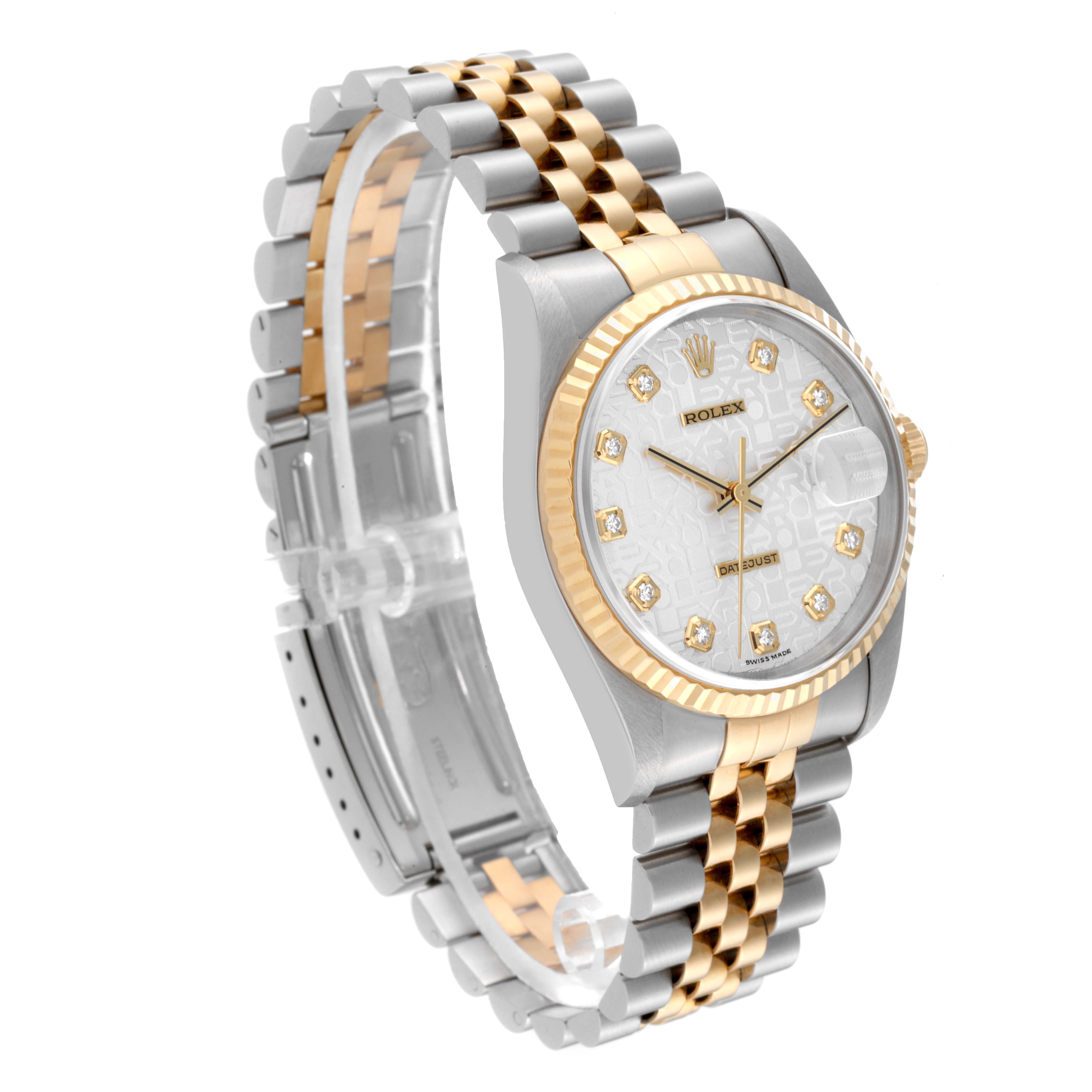 The image shows a Rolex Datejust 16233 Men's Steel and Gold (two tone) Silver Dial 16233 Men's Steel and Gold (two tone) Silver Dial watch at a three-quarter angle, highlighting the bracelet, dial, and bezel.