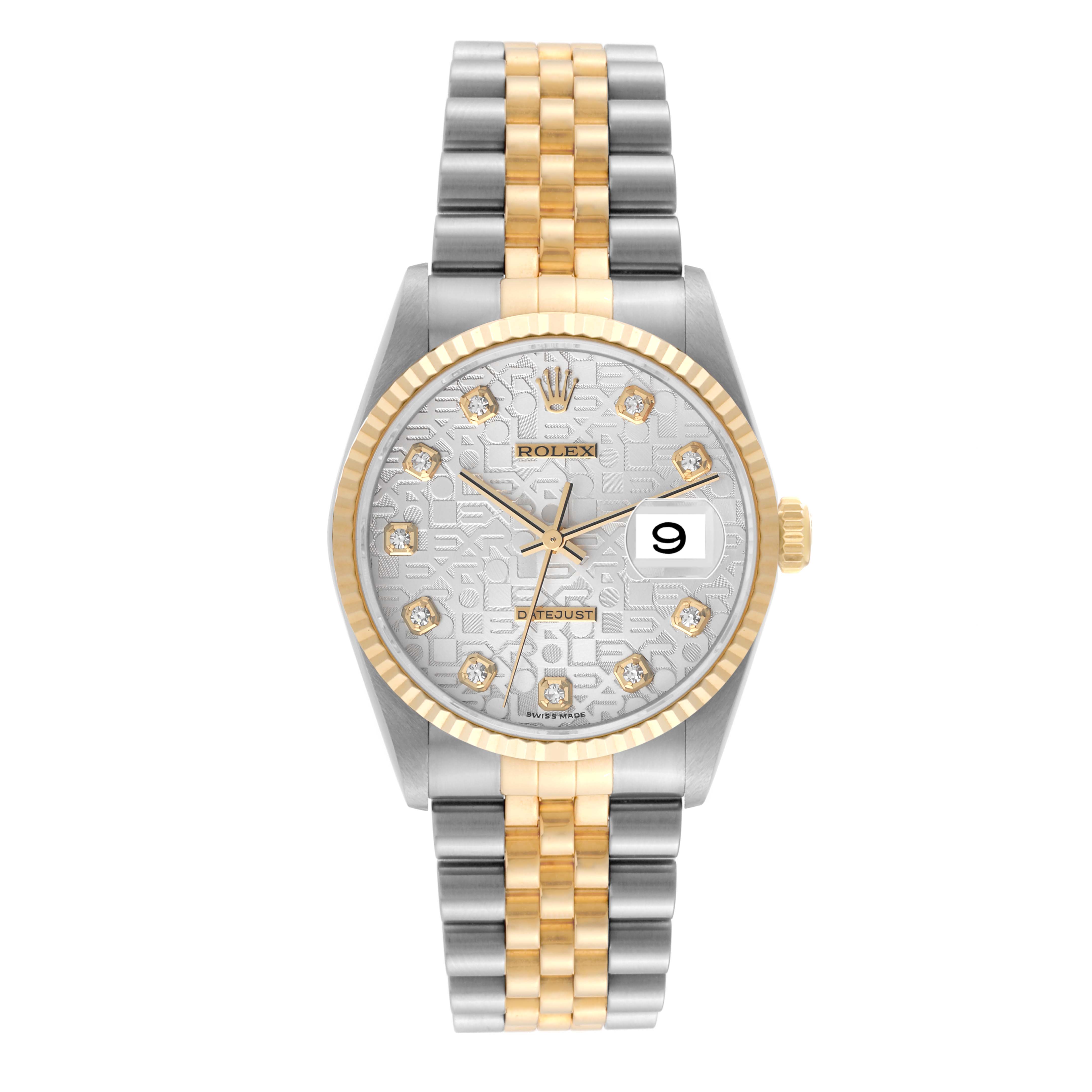 The image shows a Rolex Datejust 16233 Men's Steel and Gold (two tone) Silver Dial 16233 Men's Steel and Gold (two tone) Silver Dial watch from a front angle, displaying the dial, bezel, and bracelet.