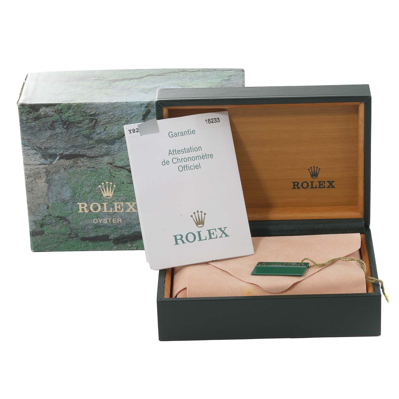 The image shows an open Rolex Datejust 16233 Men's Steel and Gold (two tone) Silver Dial 16233 Men's Steel and Gold (two tone) Silver Dial watch box with warranty papers and tags, alongside an outer box.