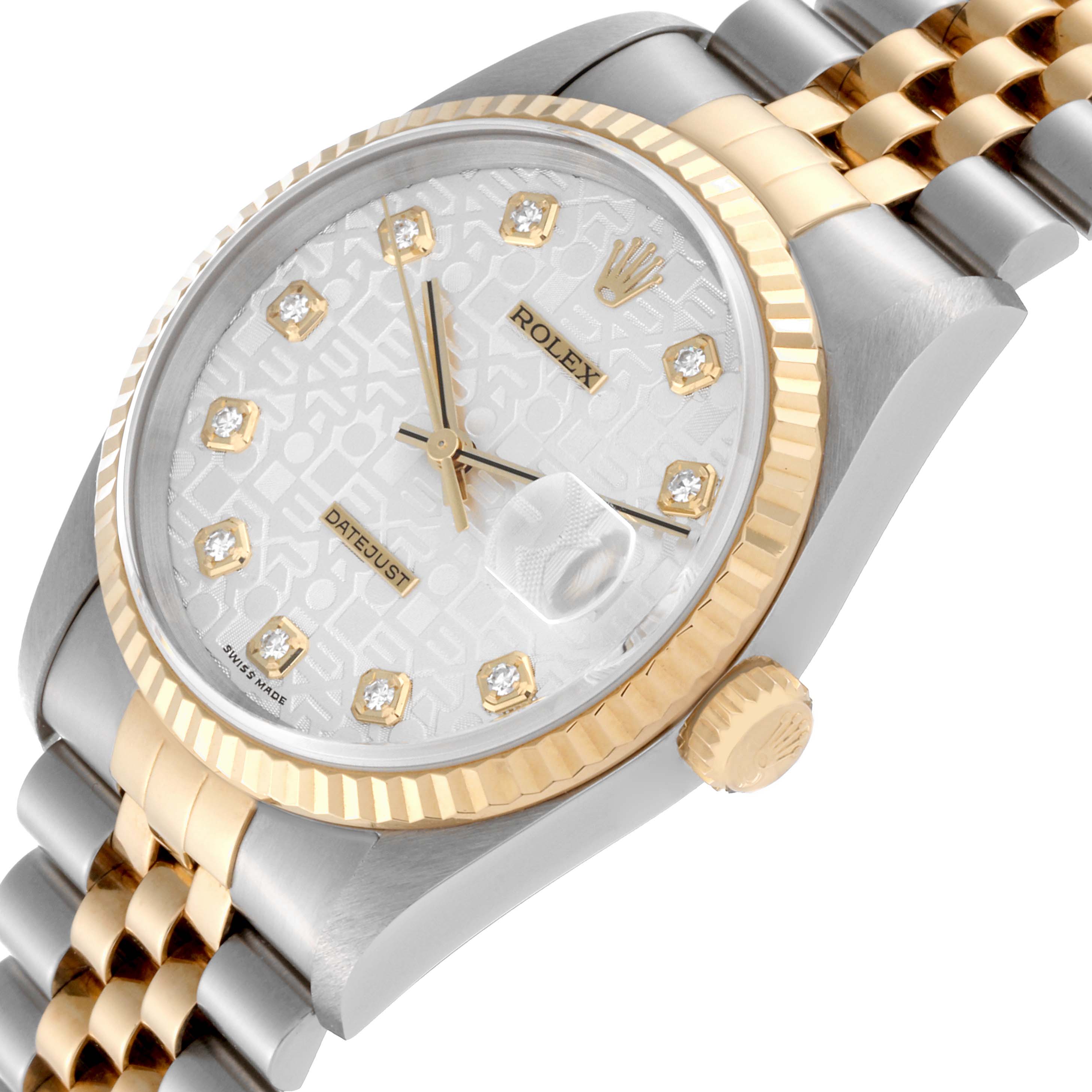The image shows a Rolex Datejust 16233 Men's Steel and Gold (two tone) Silver Dial 16233 Men's Steel and Gold (two tone) Silver Dial watch angled from the top right, highlighting its face, bezel, and partial bracelet.