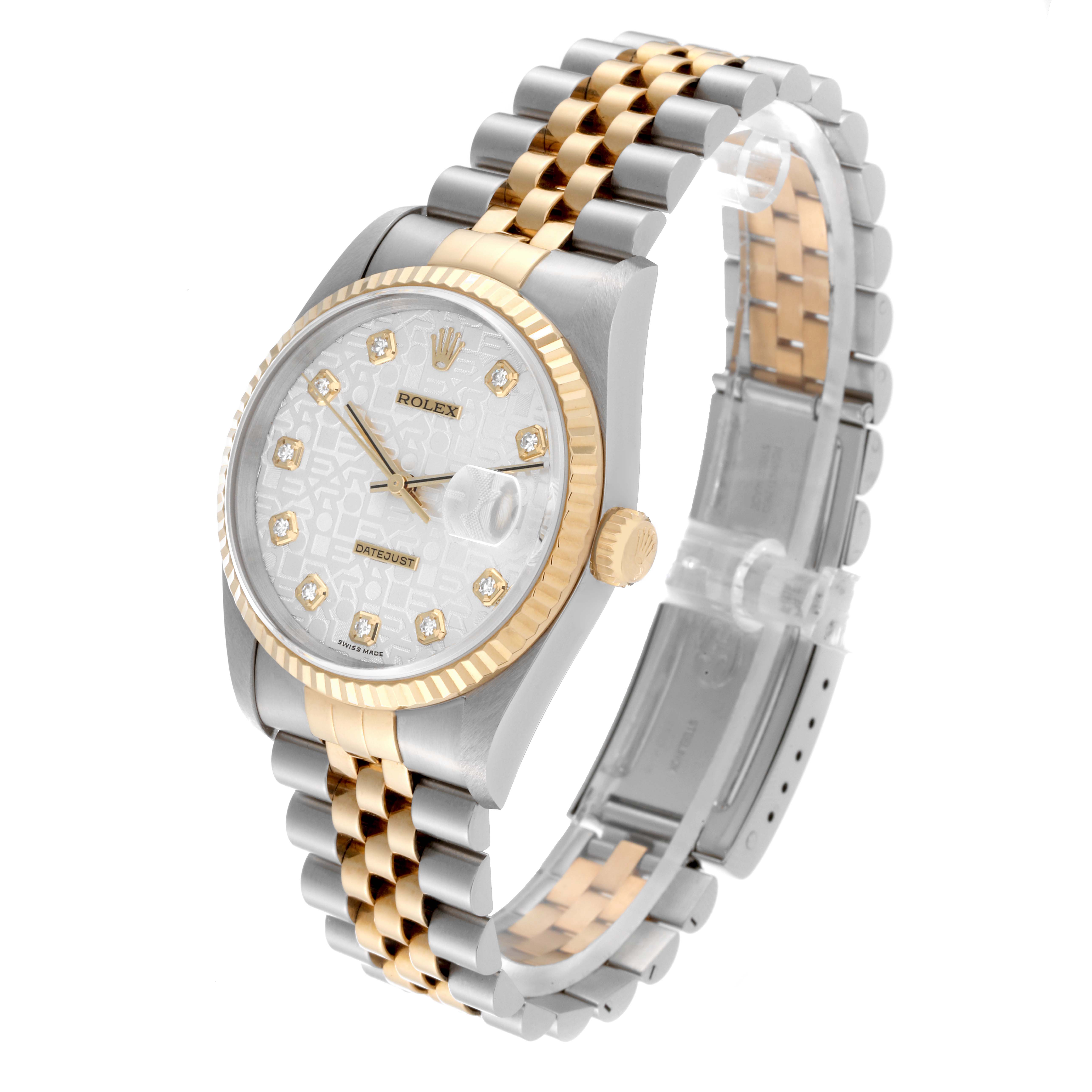 The Rolex Datejust 16233 Men's Steel and Gold (two tone) Silver Dial 16233 Men's Steel and Gold (two tone) Silver Dial watch is shown at an angled front view, displaying the face, bezel, crown, and two-tone bracelet.
