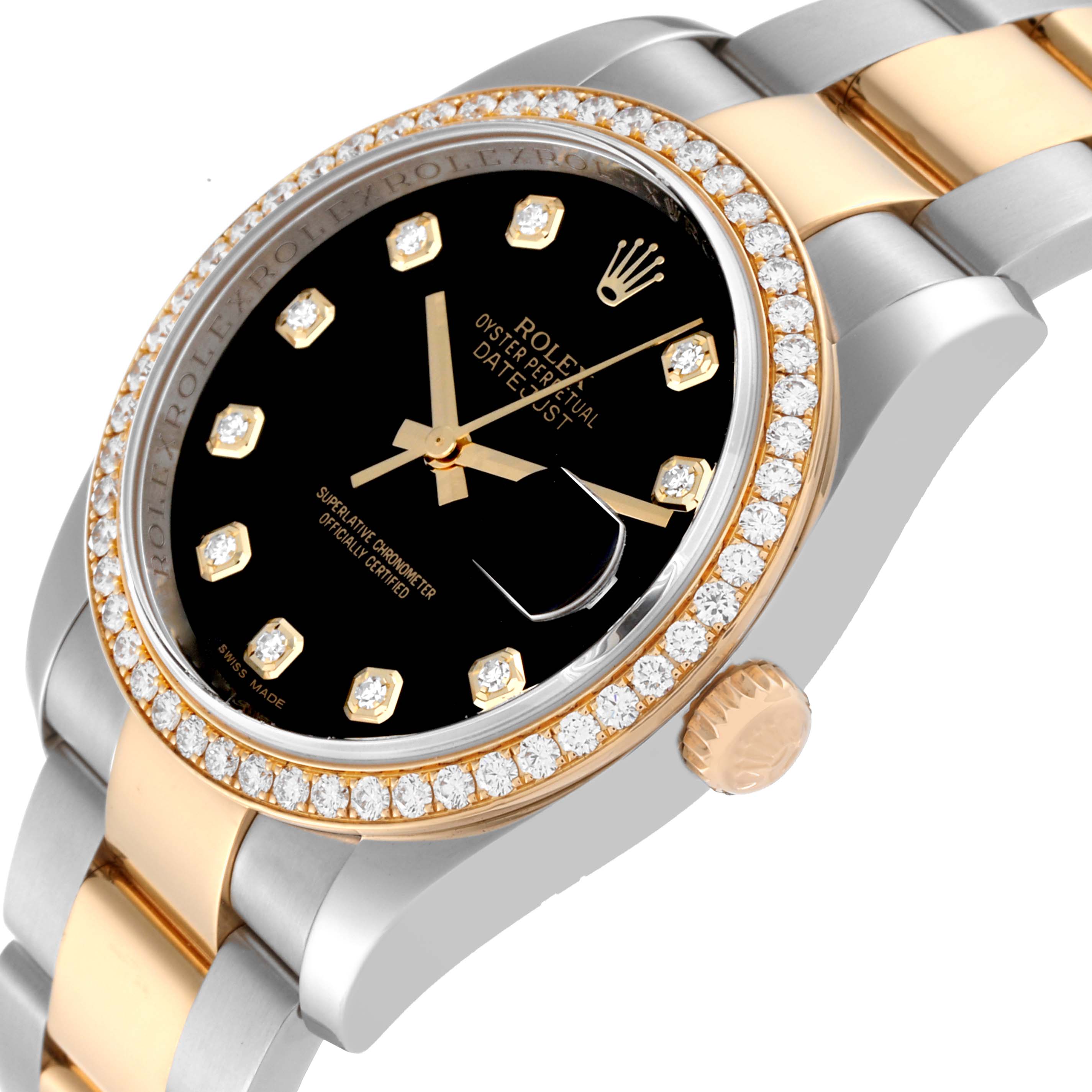 The image shows a close-up of the Rolex Datejust 116243 Men's Steel and Gold (two tone) Black Dial 116243 Men's Steel and Gold (two tone) Black Dial watch at an angle, highlighting its black dial, gold accents, and diamond bezel.