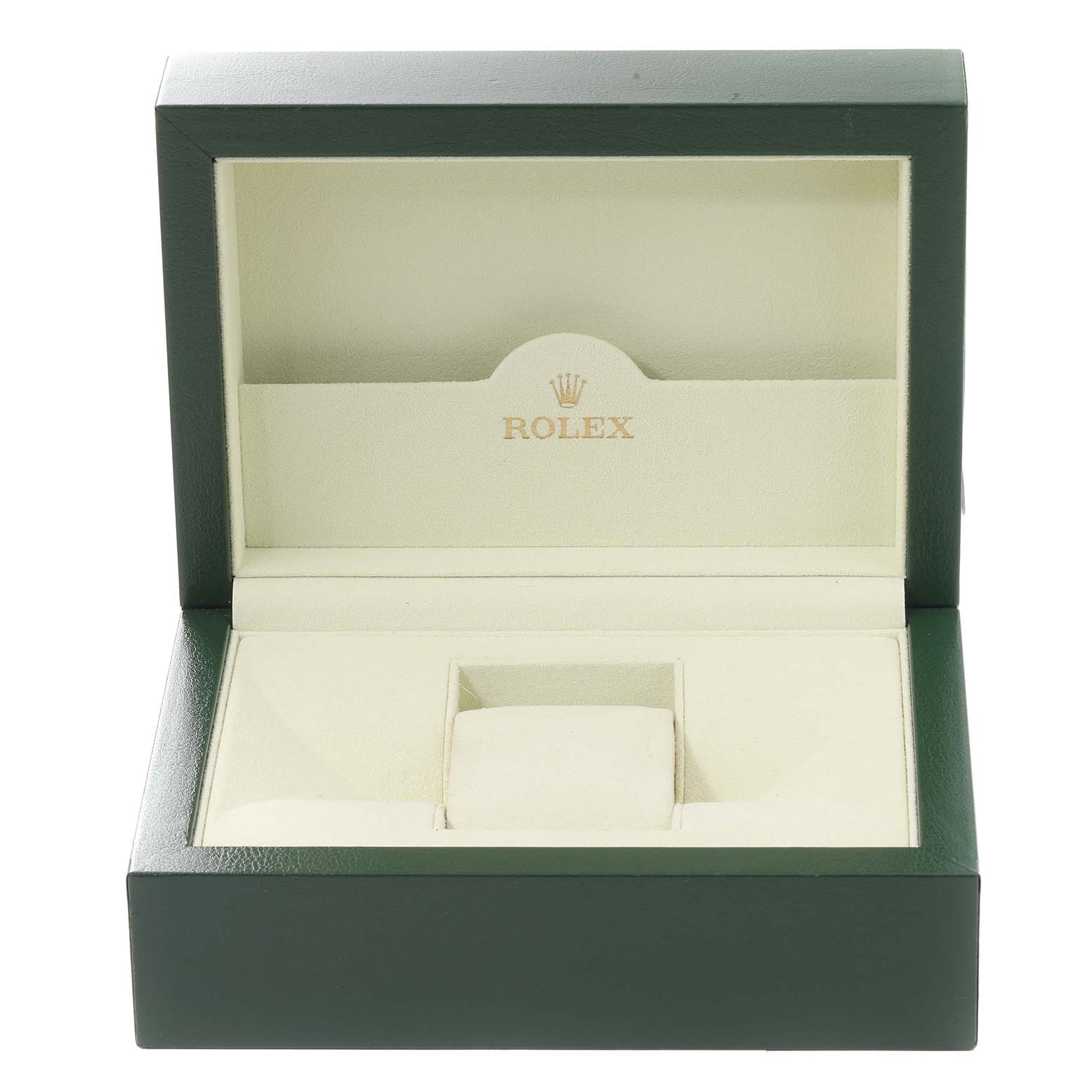 The image shows an open green Rolex watch box for the Datejust model, with the interior compartments visible.