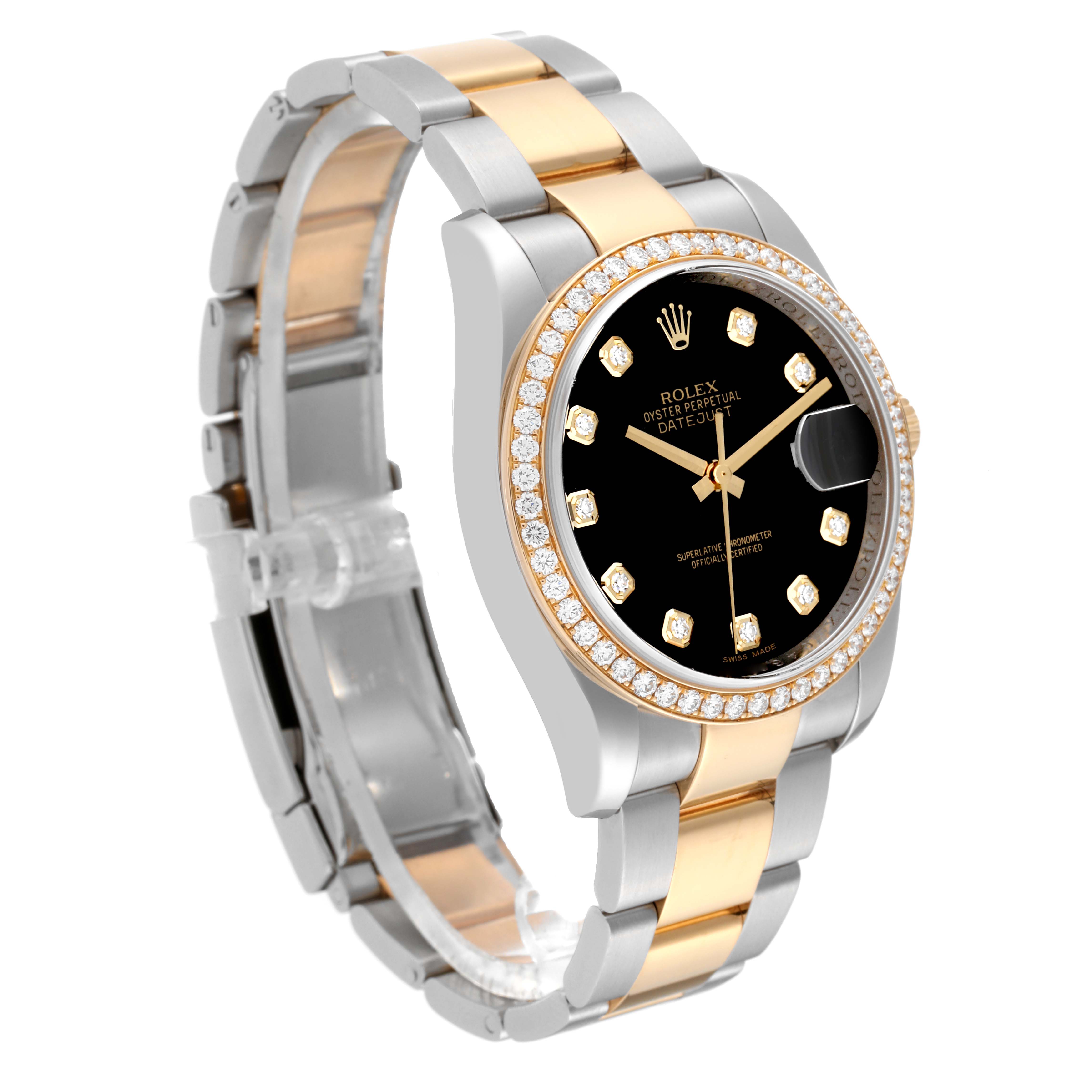 This Rolex Datejust 116243 Men's Steel and Gold (two tone) Black Dial 116243 Men's Steel and Gold (two tone) Black Dial watch is shown at an angled view showcasing its two-tone bracelet, diamond bezel, and black dial.