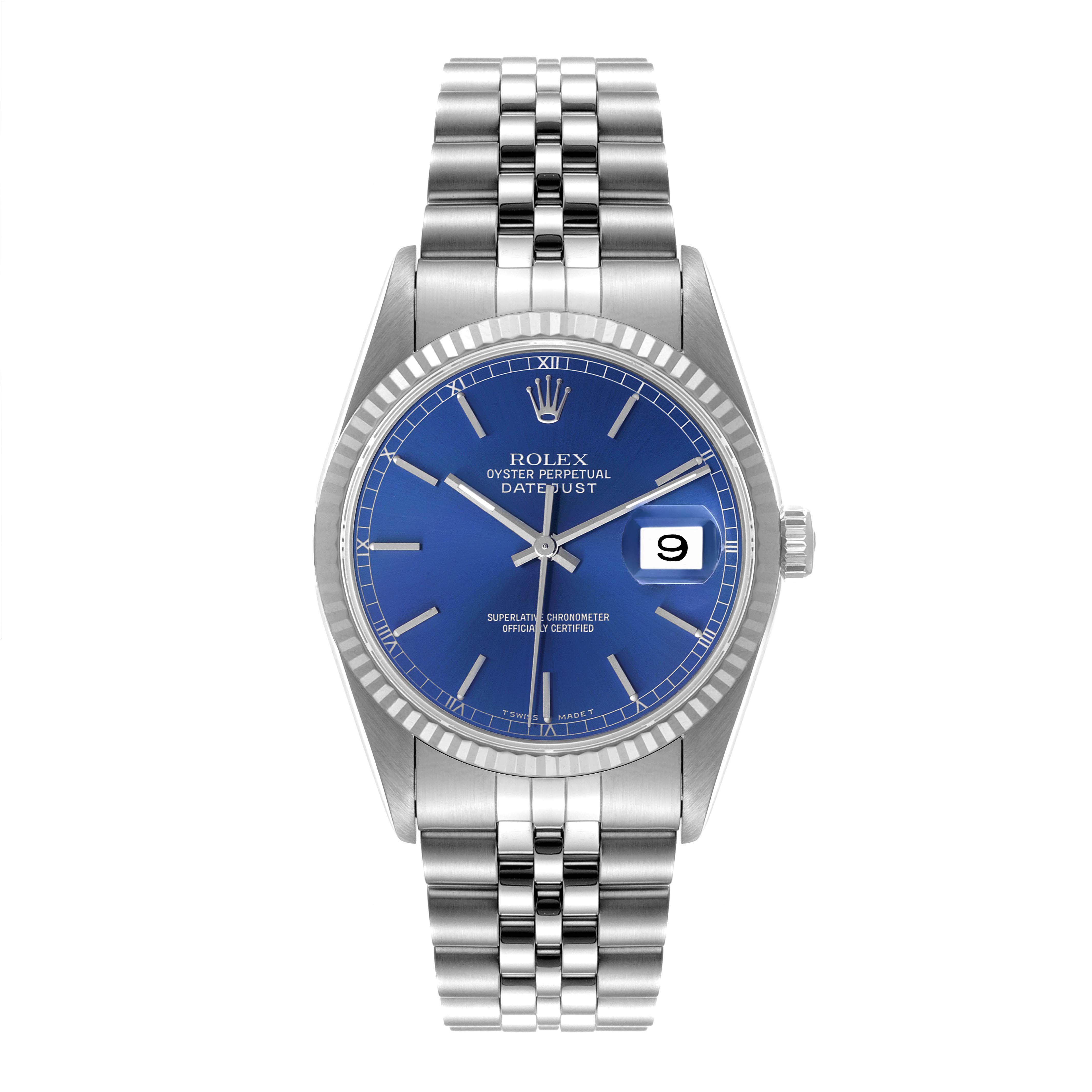 This image shows a front view of a Rolex Datejust 16234 Men's Stainless Steel Blue Dial 16234 Men's Stainless Steel Blue Dial watch with a blue dial and stainless steel jubilee bracelet.