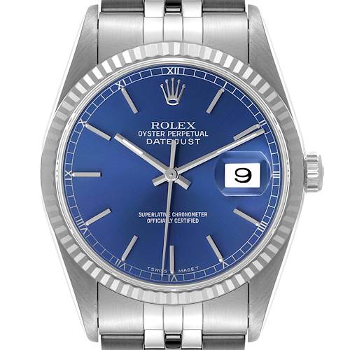 Photo of Rolex Datejust Blue Dial Fluted Bezel Steel White Gold Watch 16234 Box Papers
