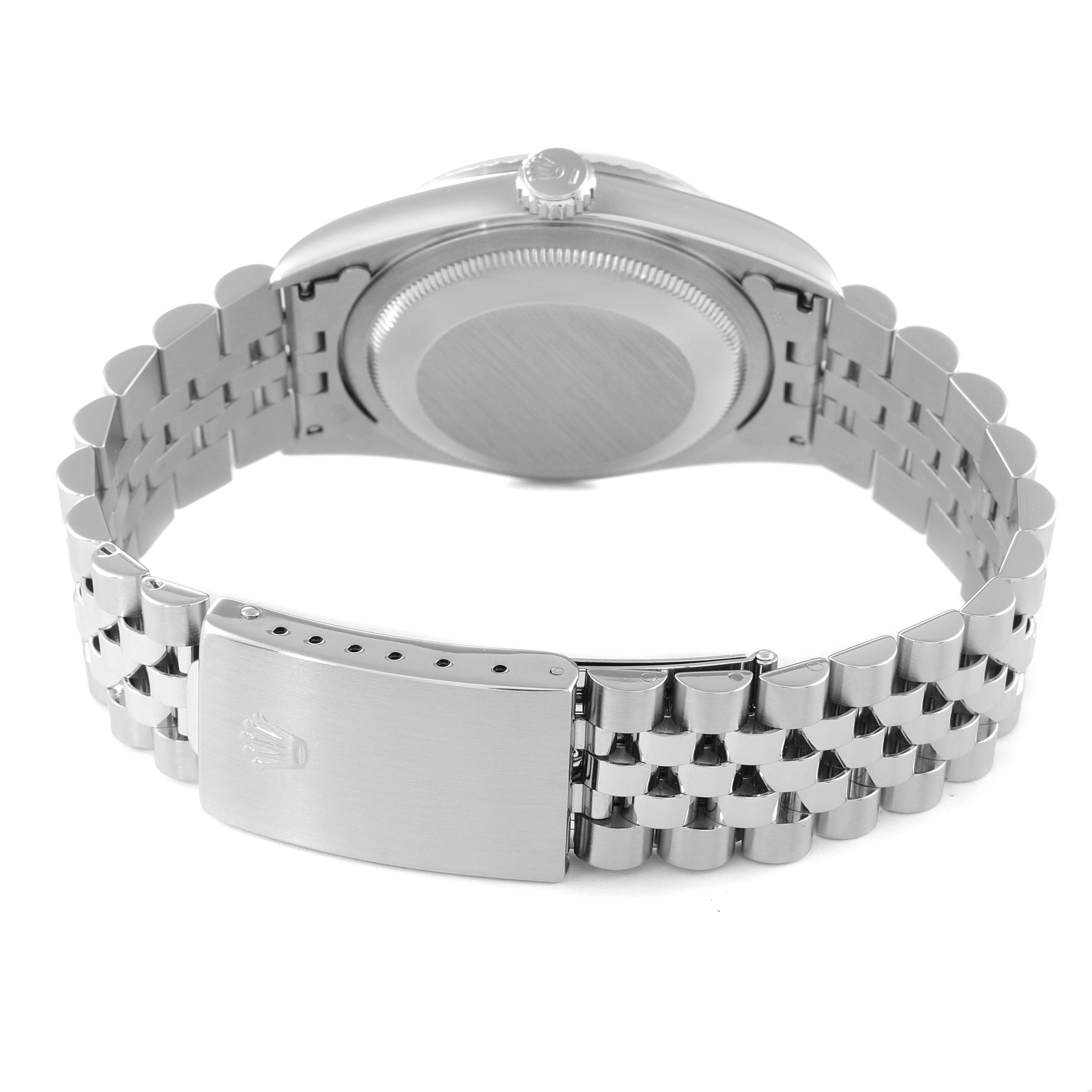 The image shows the back of a Rolex Datejust 16234 Men's Stainless Steel Blue Dial 16234 Men's Stainless Steel Blue Dial watch, focusing on the clasp, case back, and metal bracelet.