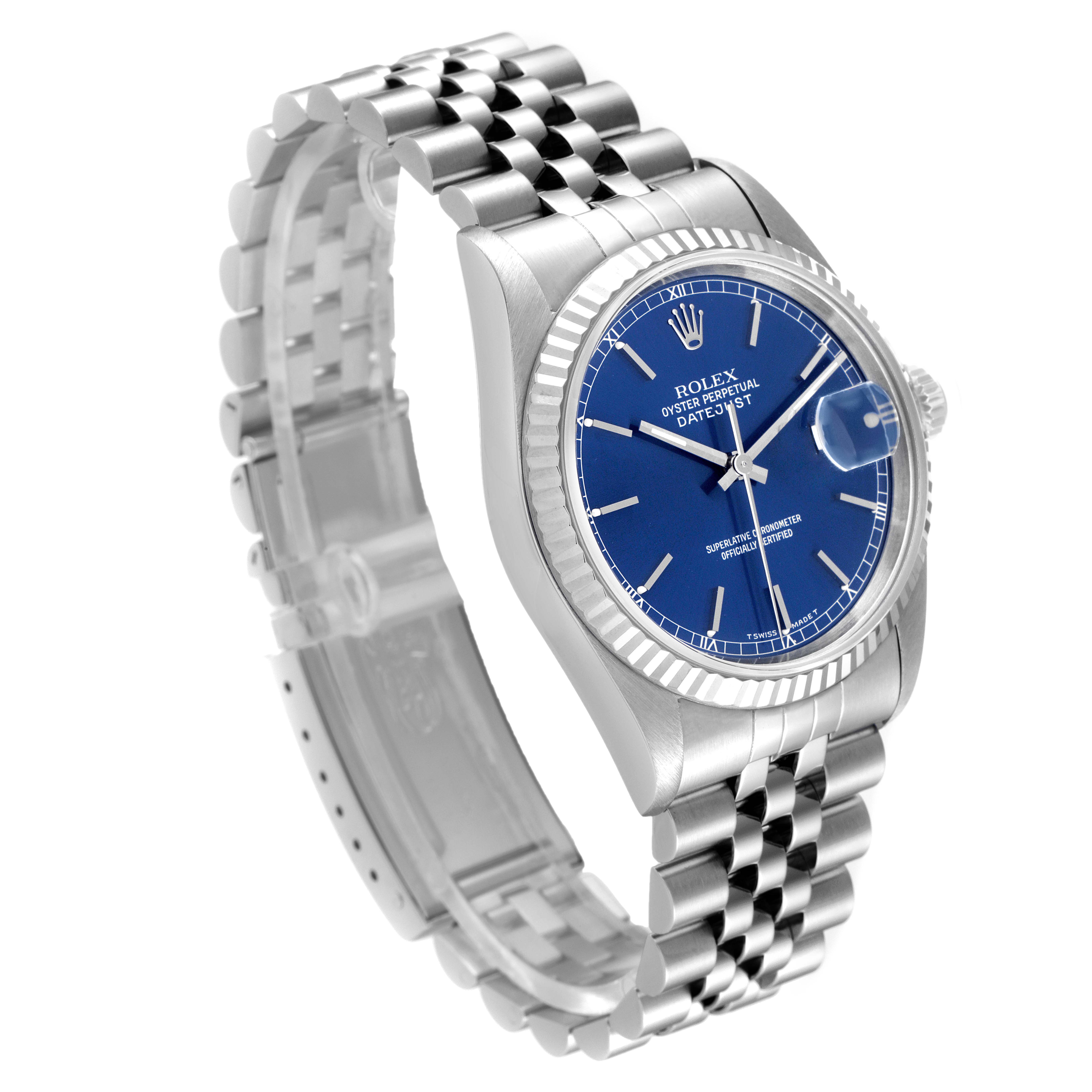 This image shows a side angle of the Rolex Datejust 16234 Men's Stainless Steel Blue Dial 16234 Men's Stainless Steel Blue Dial watch, highlighting its face, crown, and metal bracelet.