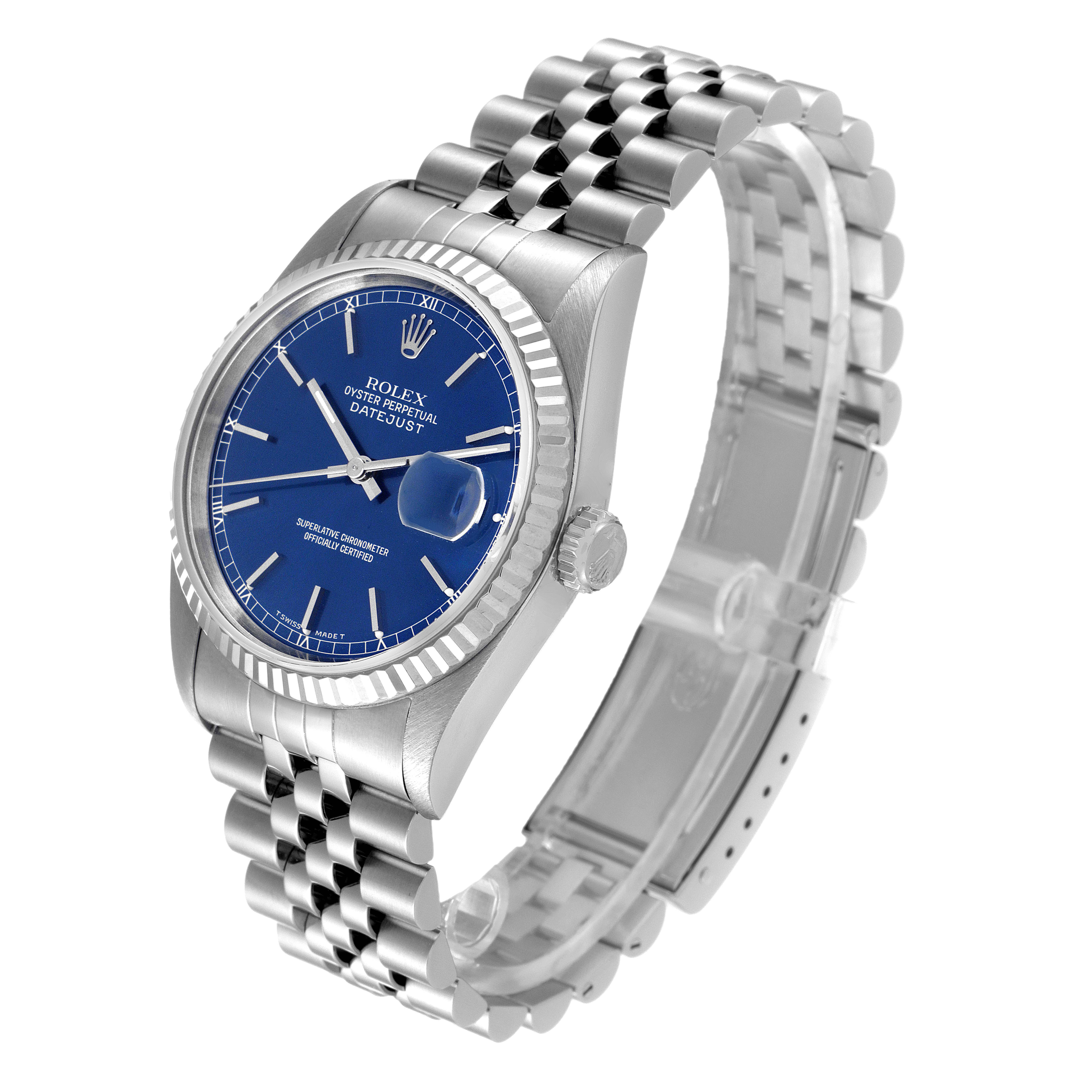 The Rolex Datejust 16234 Men's Stainless Steel Blue Dial 16234 Men's Stainless Steel Blue Dial watch is shown at a slight angle, highlighting its blue dial, fluted bezel, date magnifier, and jubilee bracelet.