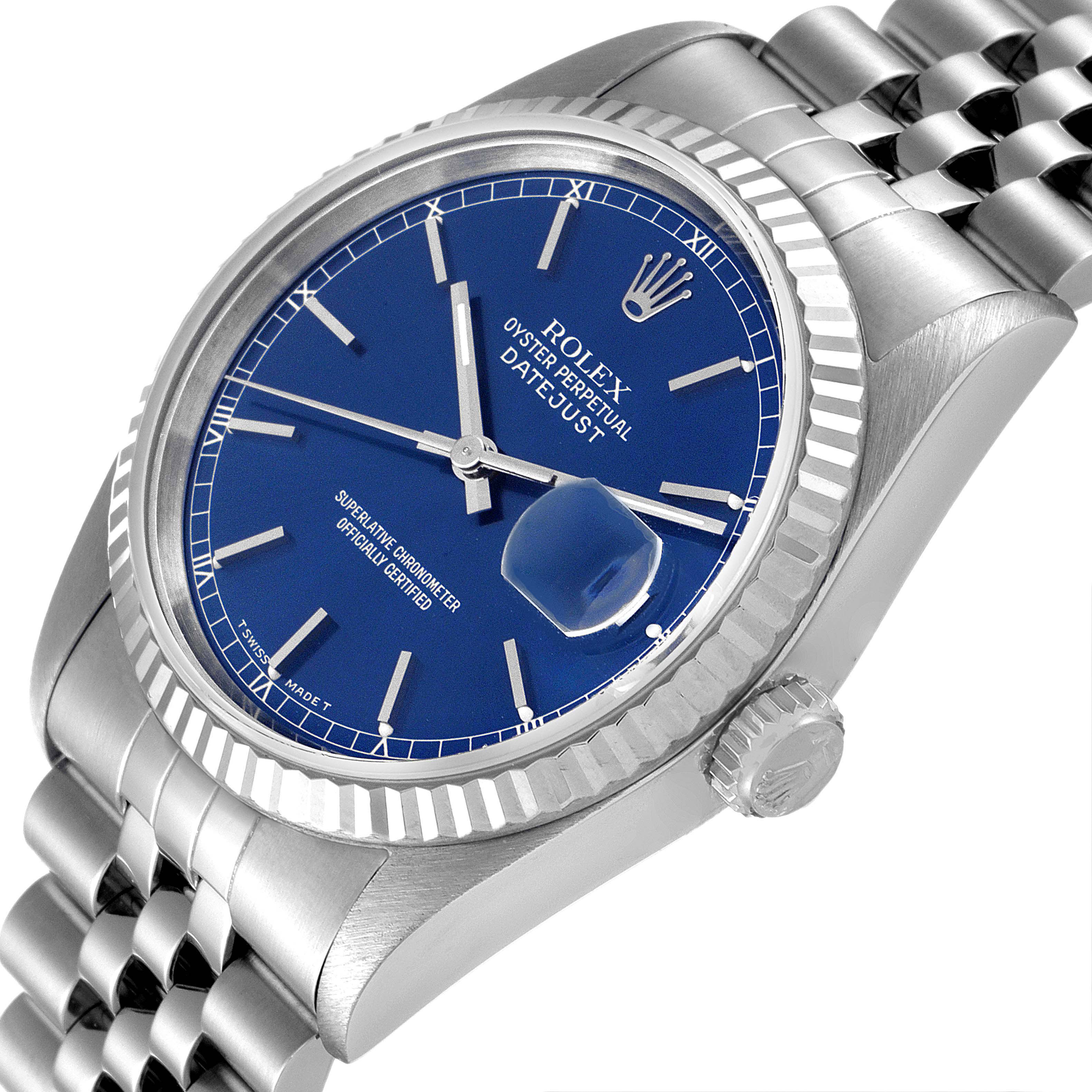 This image shows a close-up view of the Rolex Datejust 16234 Men's Stainless Steel Blue Dial 16234 Men's Stainless Steel Blue Dial watch face, crown, and part of the jubilee bracelet at an angle.