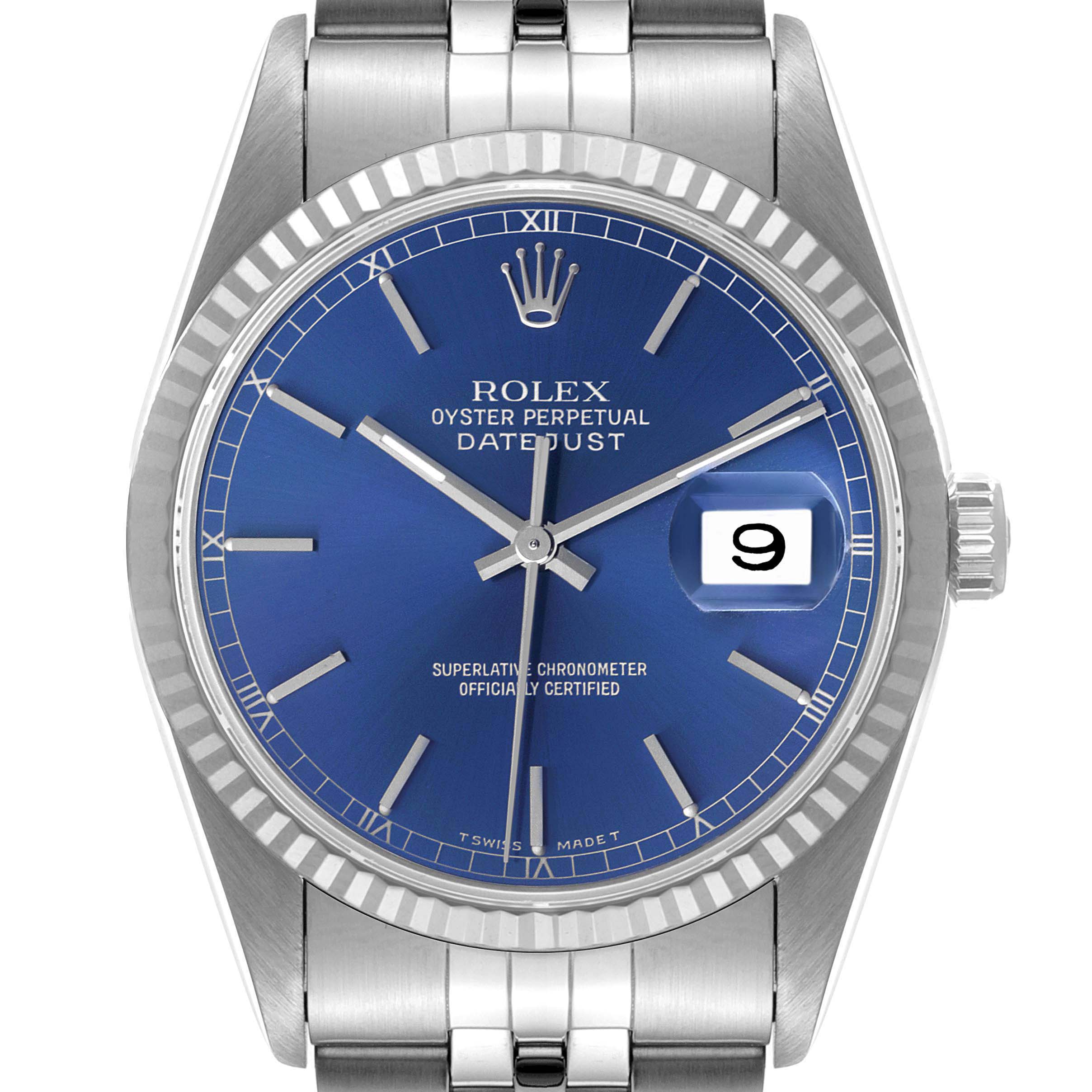 This image shows a front view of a Rolex Datejust 16234 Men's Stainless Steel Blue Dial 16234 Men's Stainless Steel Blue Dial watch, highlighting its blue dial, fluted bezel, date window, and stainless steel bracelet.