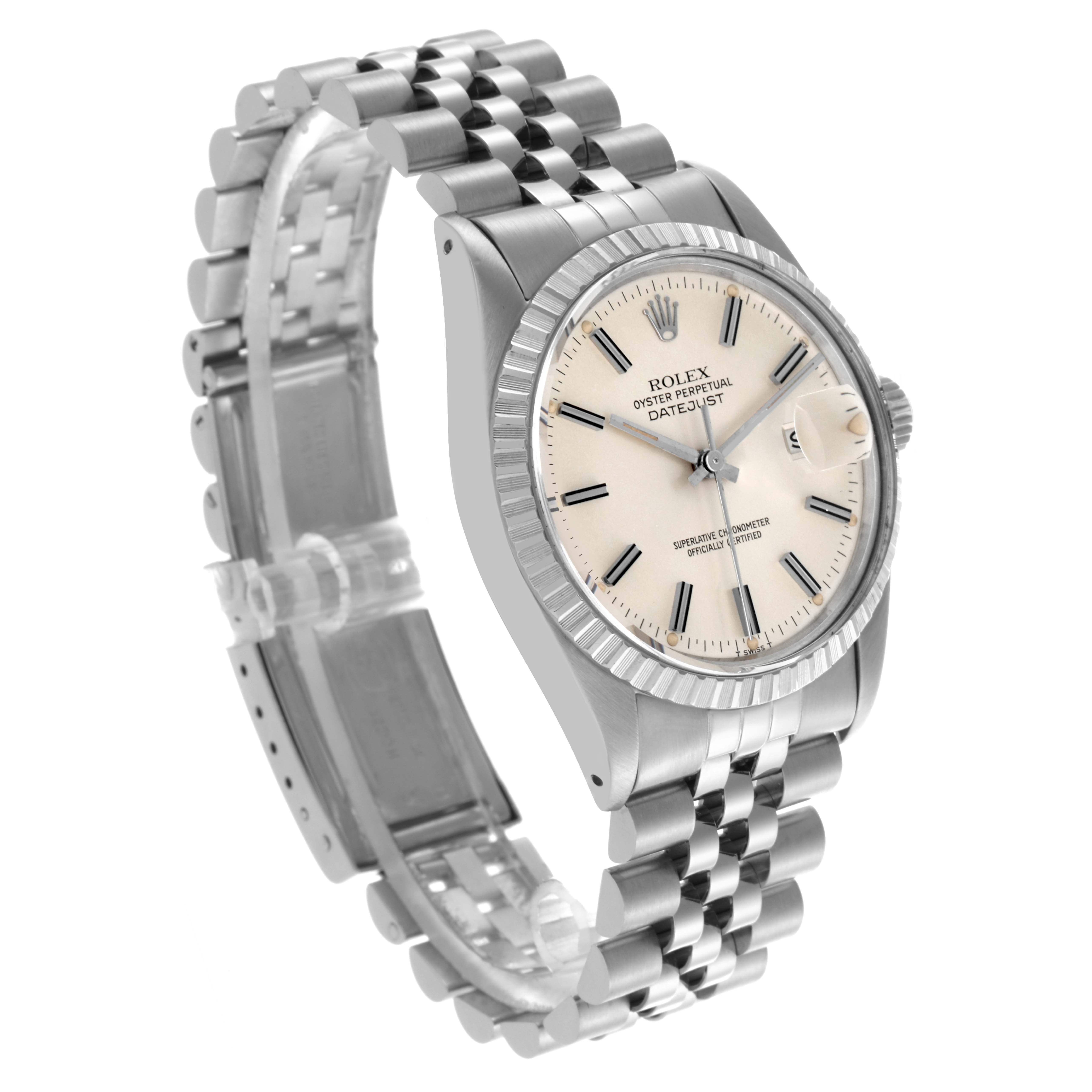 The Rolex Datejust 16030 Men's Stainless Steel Silver Dial 16030 Men's Stainless Steel Silver Dial watch is shown at a three-quarter angle, displaying the dial, bezel, and bracelet.
