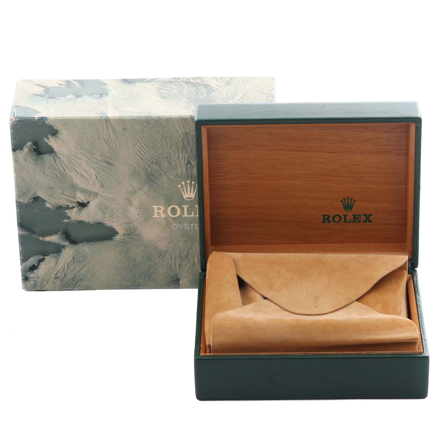 The image shows a Rolex Datejust 16030 Men's Stainless Steel Silver Dial 16030 Men's Stainless Steel Silver Dial box and cushion, revealing the interior branding.