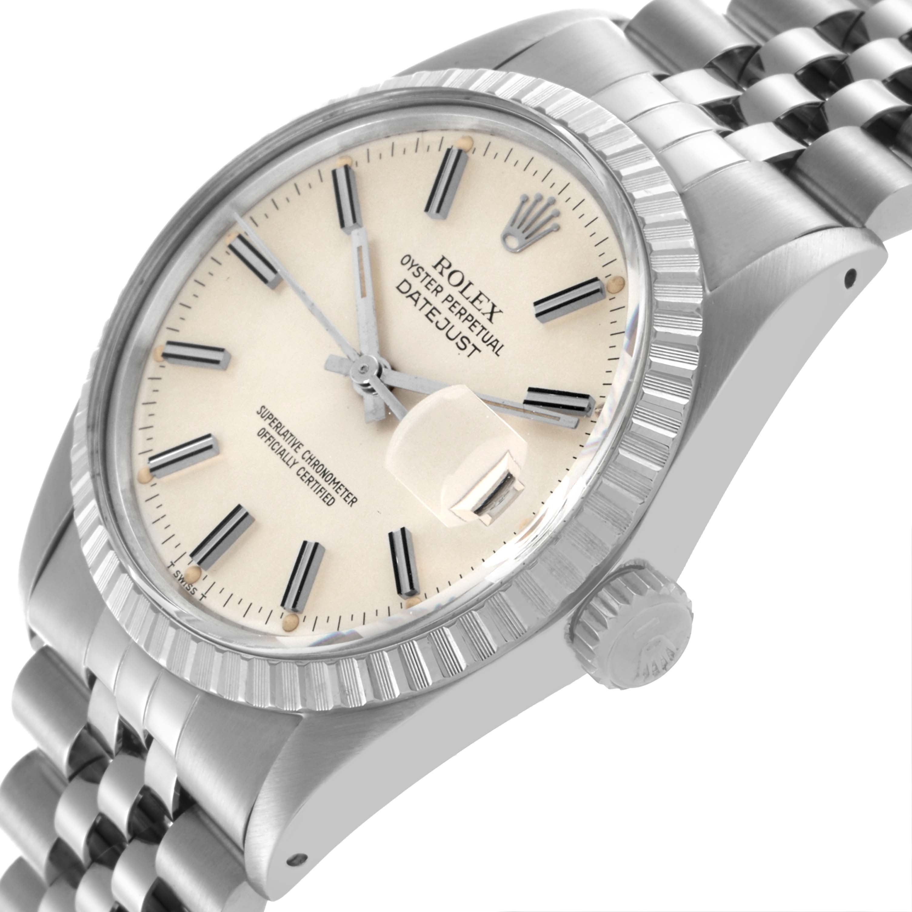The Rolex Datejust 16030 Men's Stainless Steel Silver Dial 16030 Men's Stainless Steel Silver Dial watch is shown at a slight angle, highlighting the face, bezel, crown, and part of the bracelet.