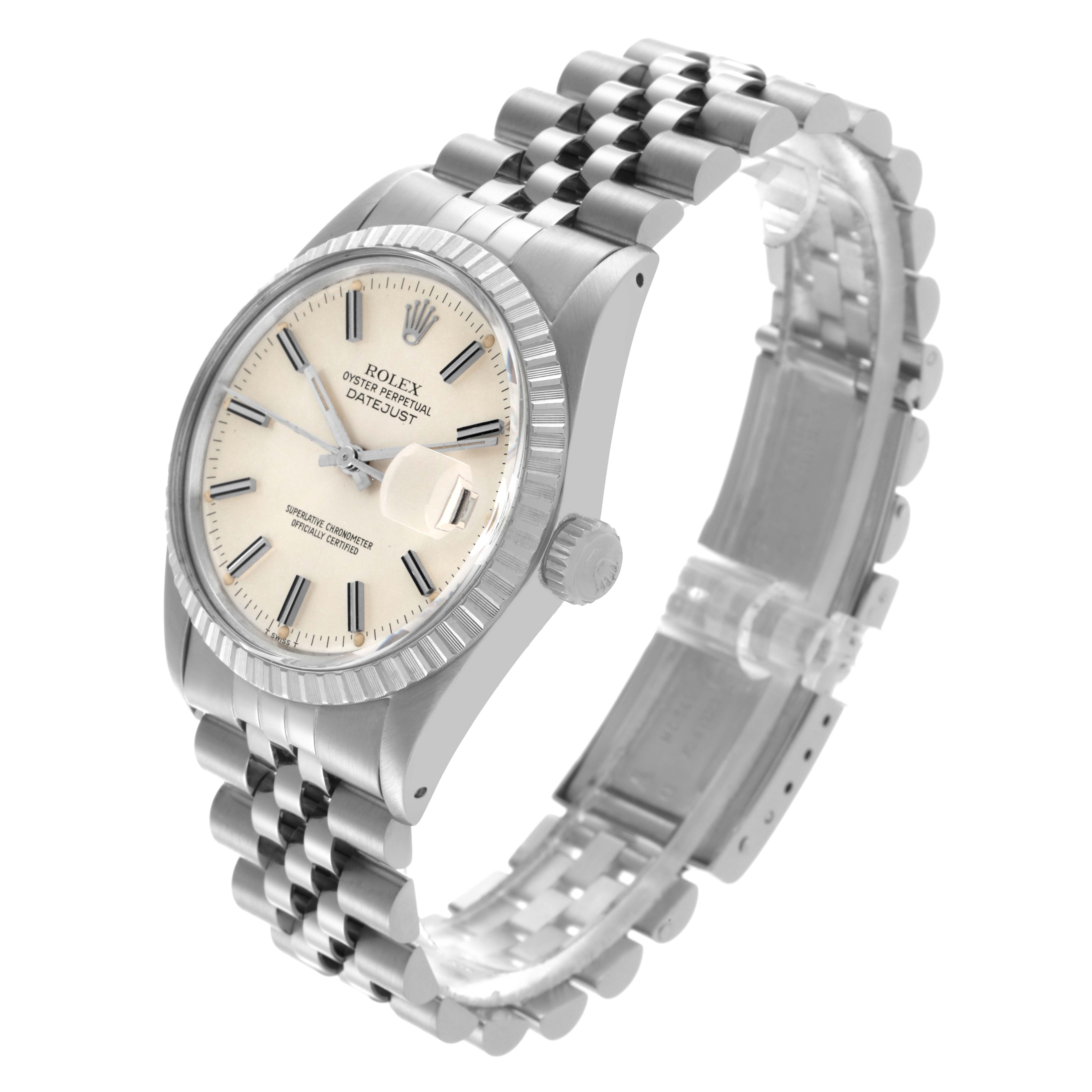 The Rolex Datejust 16030 Men's Stainless Steel Silver Dial 16030 Men's Stainless Steel Silver Dial watch is shown at a three-quarter view, highlighting the face, bezel, crown, and Jubilee bracelet.