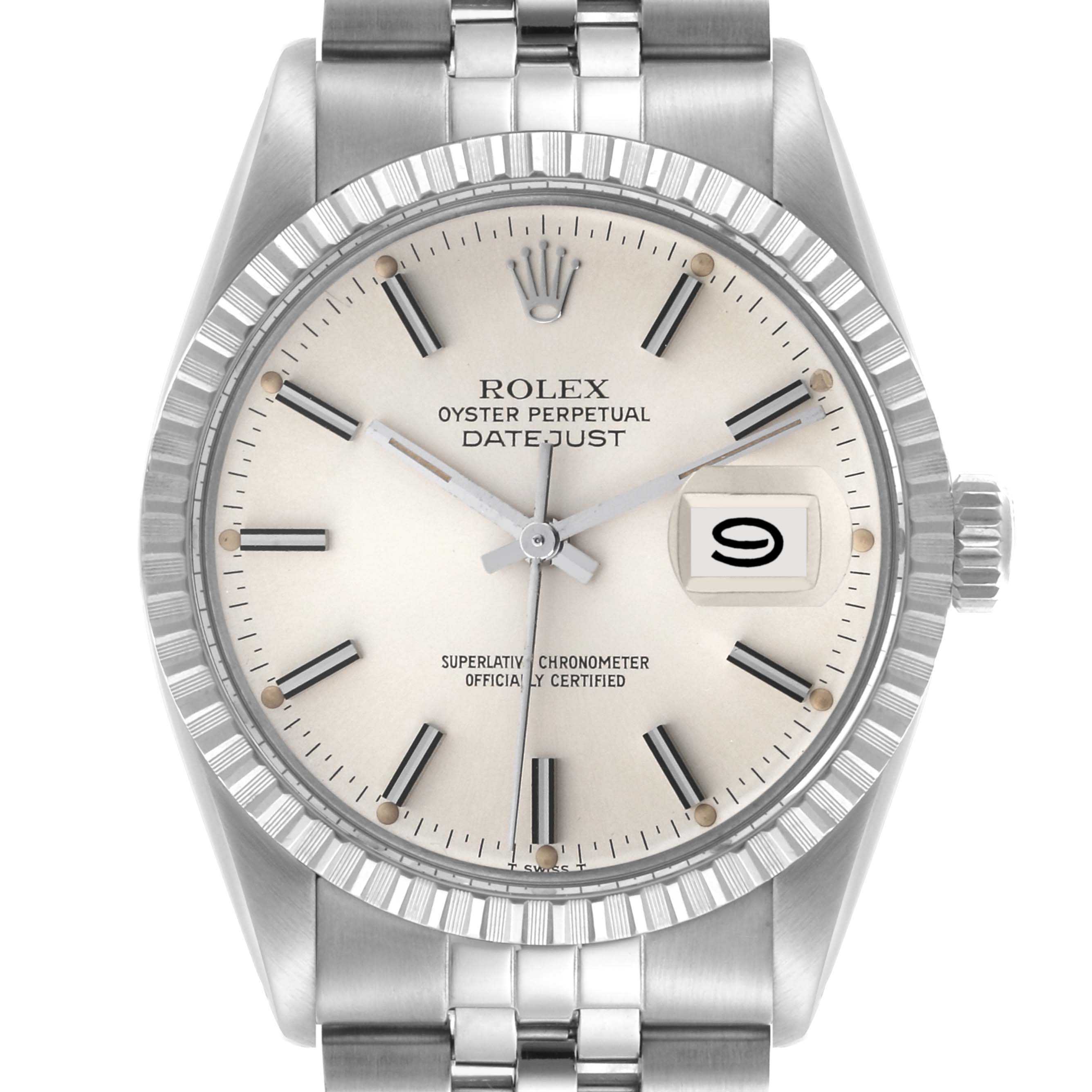 The Rolex Datejust 16030 Men's Stainless Steel Silver Dial 16030 Men's Stainless Steel Silver Dial watch is shown from a front angle, highlighting the dial, bezel, and partial bracelet.