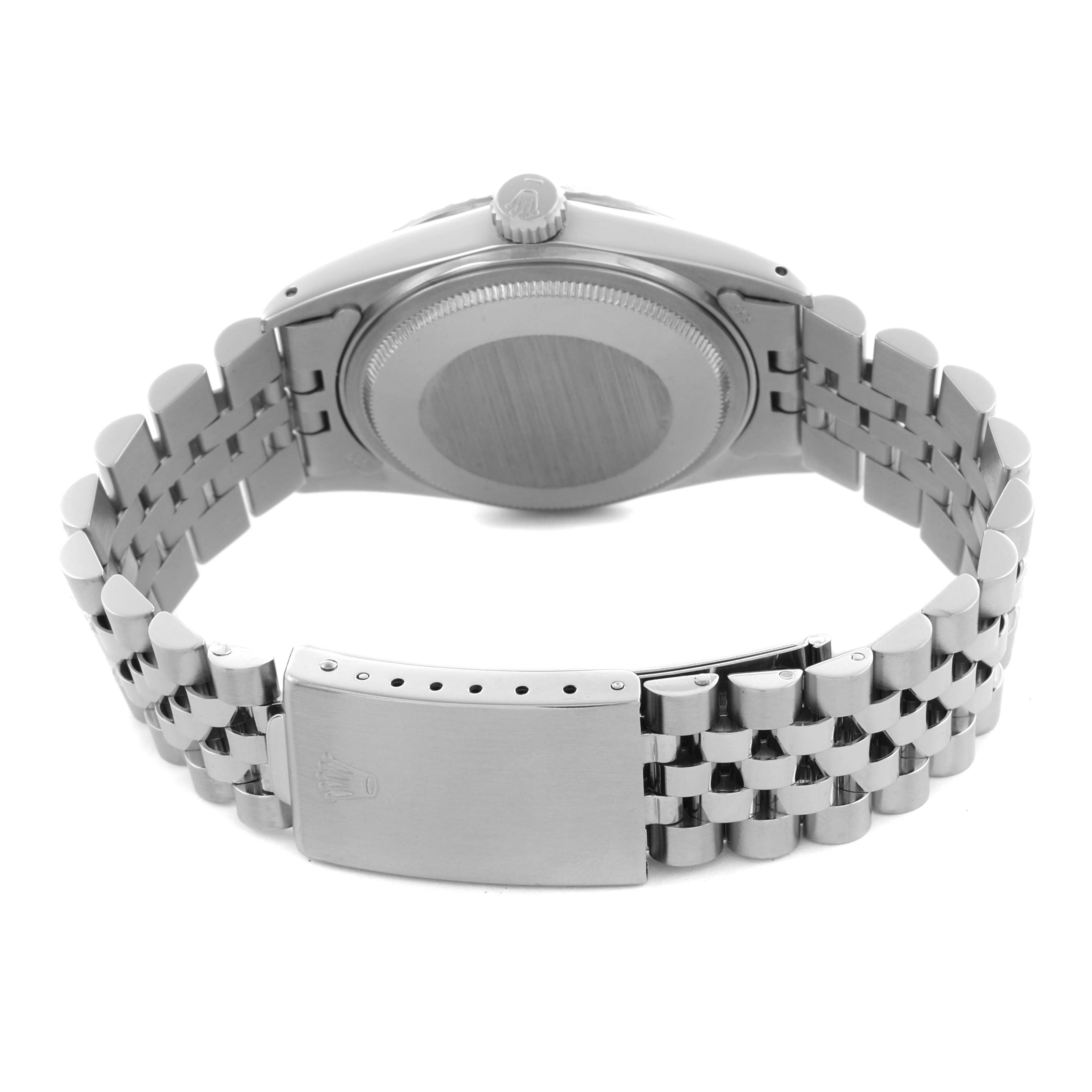 The image shows the back view of a Rolex Datejust 16030 Men's Stainless Steel Silver Dial 16030 Men's Stainless Steel Silver Dial, highlighting the case back, bracelet, and clasp.