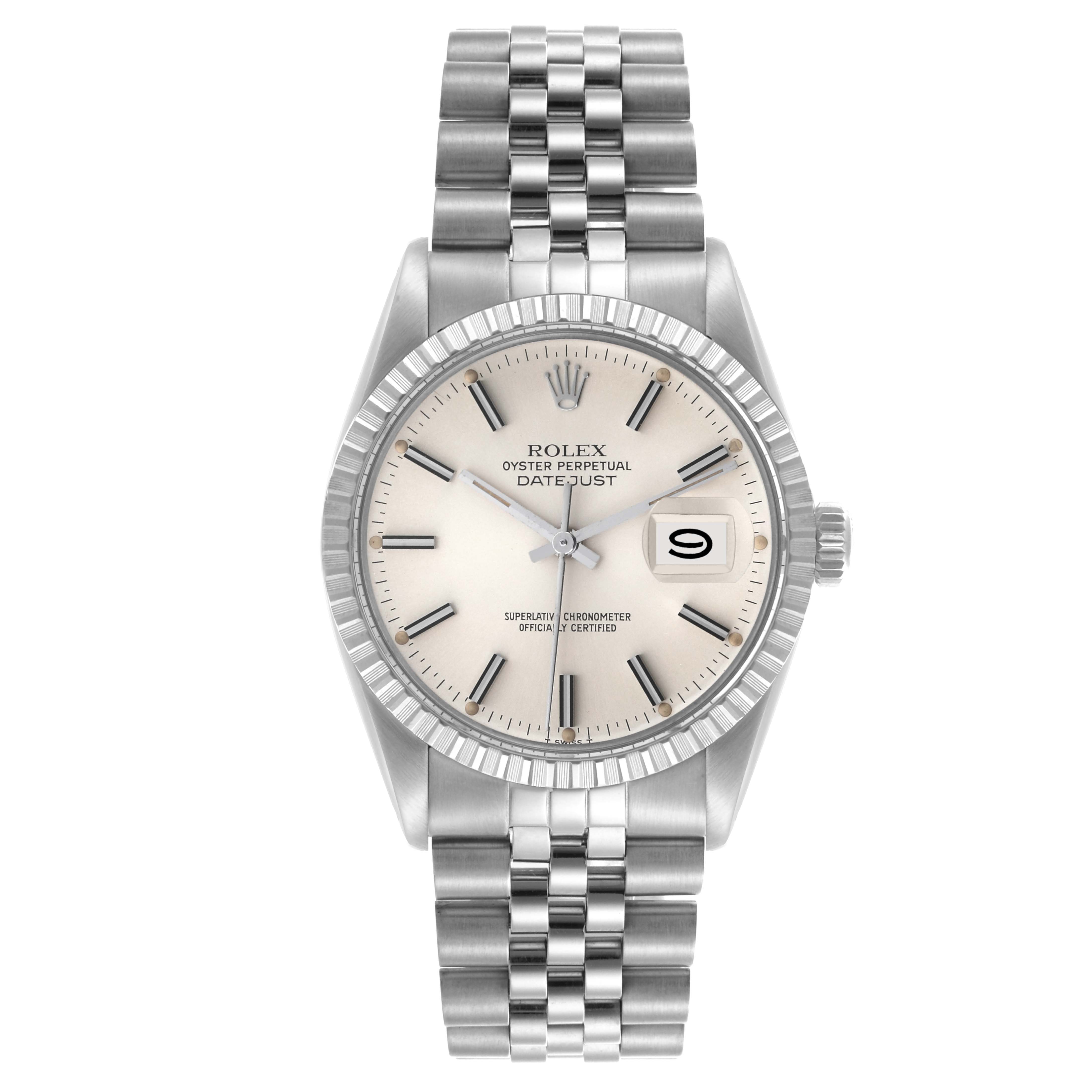 The Rolex Datejust 16030 Men's Stainless Steel Silver Dial 16030 Men's Stainless Steel Silver Dial is shown from a front angle, displaying the face, bezel, and bracelet clearly.